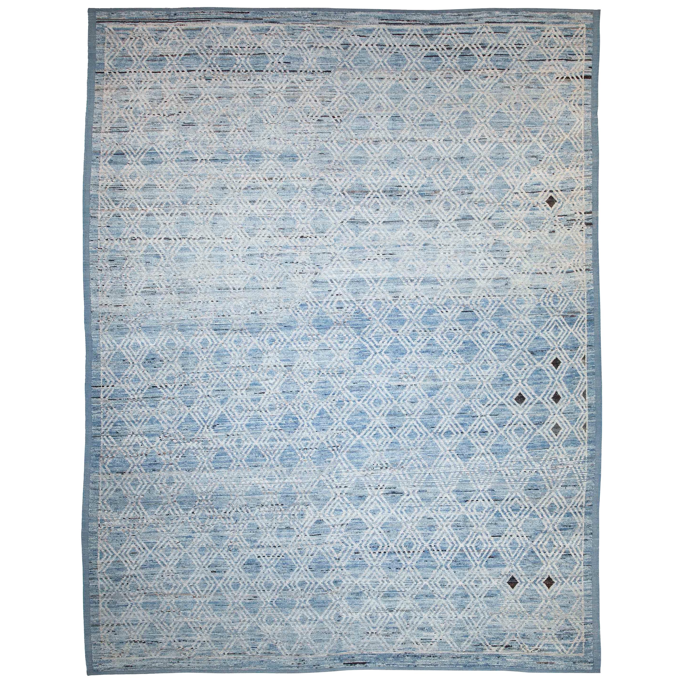 Afghan Moroccan Style Rug with White and Black Diamonds on Blue Field For Sale