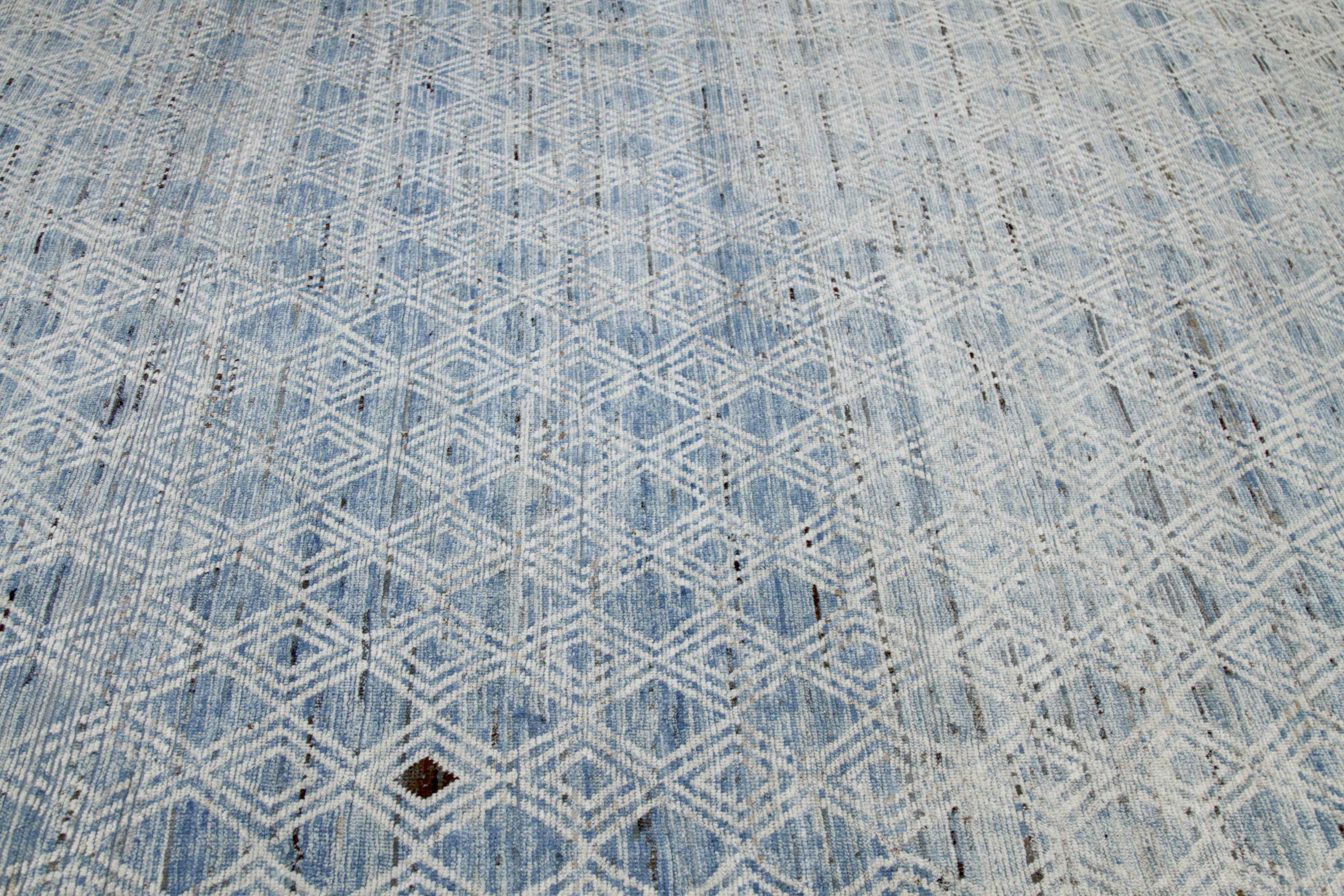 Afghan Moroccan Style Rug with White and Black Diamonds on Blue Field In New Condition For Sale In Dallas, TX