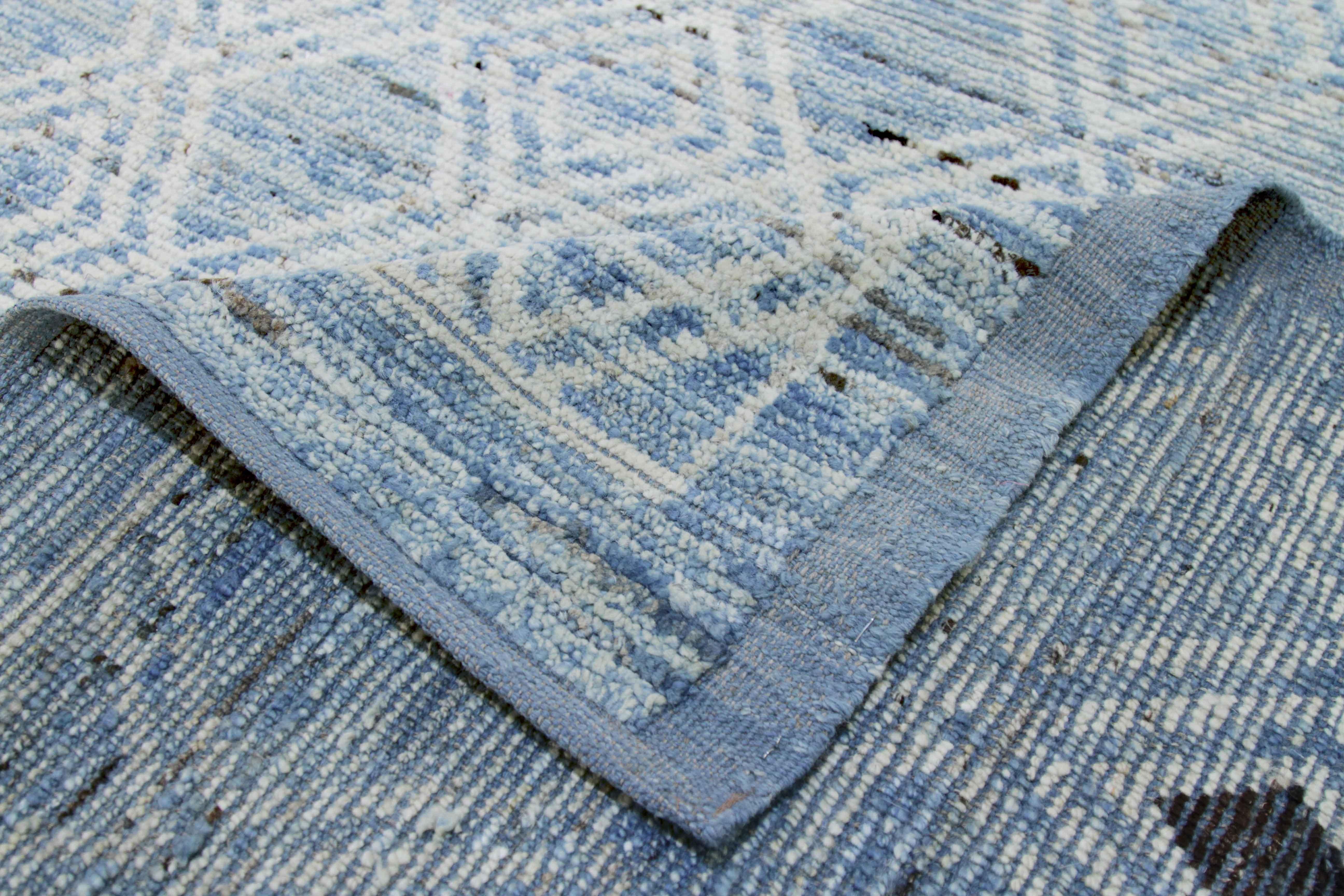 Contemporary Afghan Moroccan Style Rug with White and Black Diamonds on Blue Field For Sale