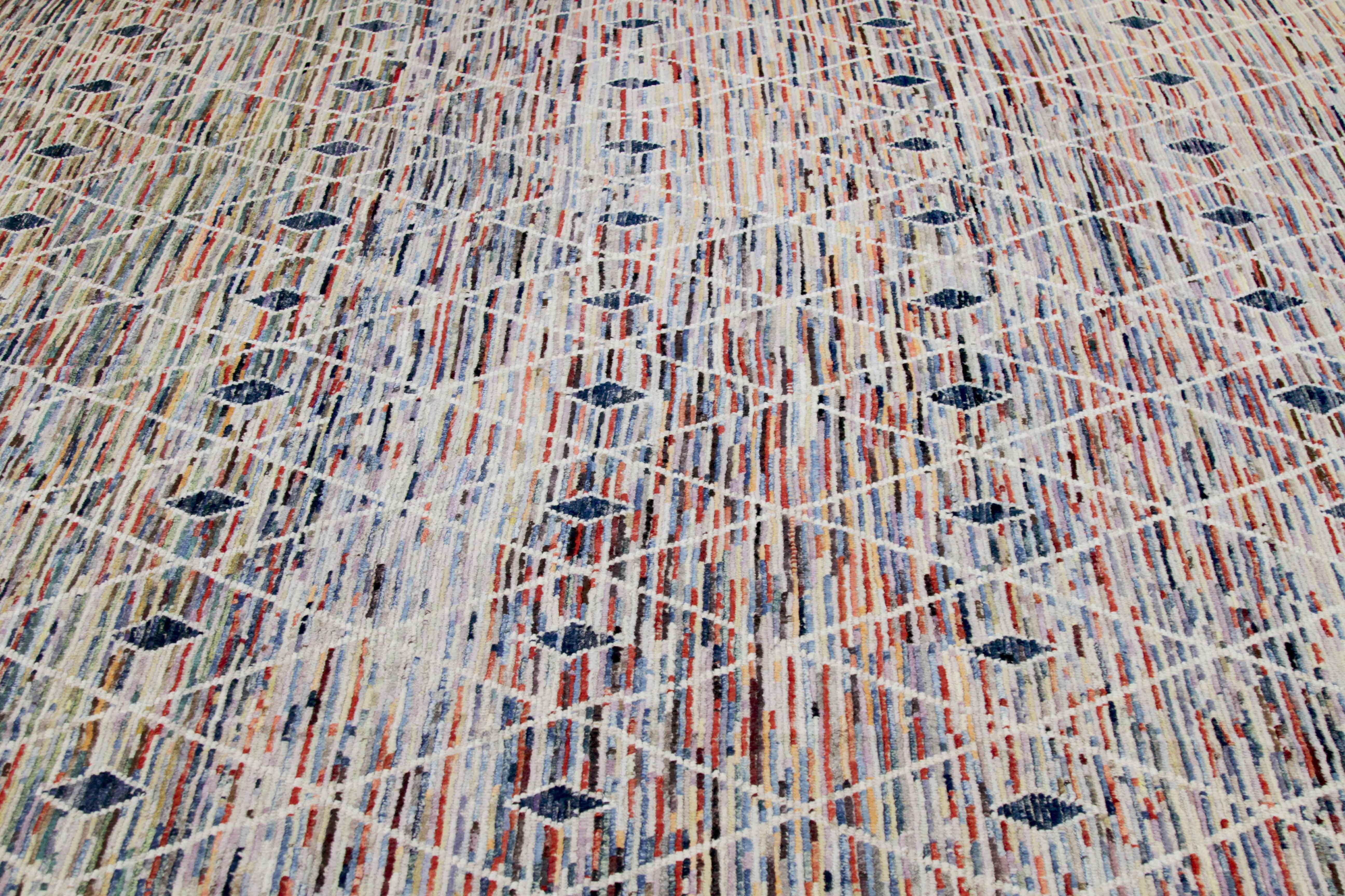 Hand-Woven Afghan Moroccan Style Rug with White/Blue Diamonds on Colored Field For Sale