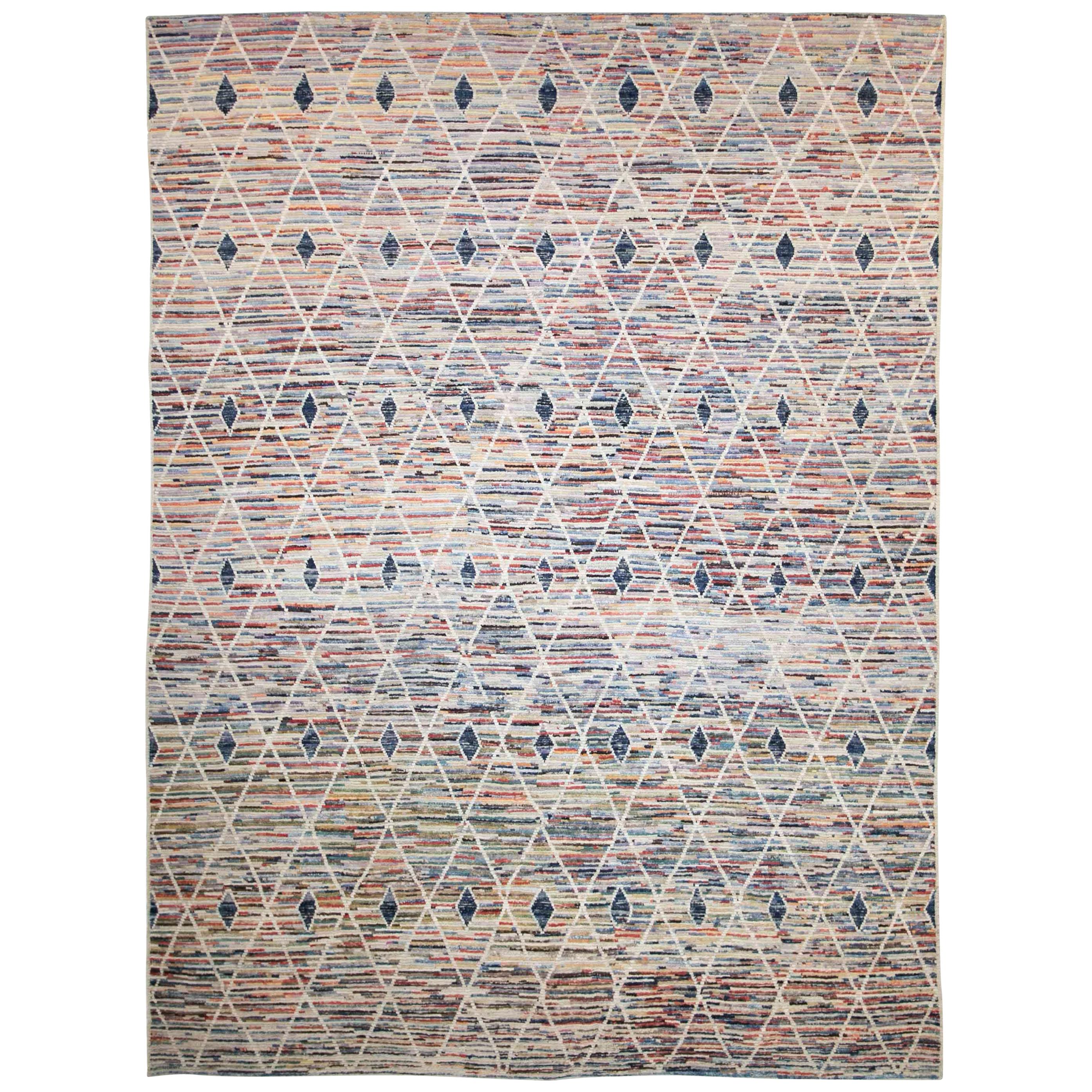 Afghan Moroccan Style Rug with White/Blue Diamonds on Colored Field