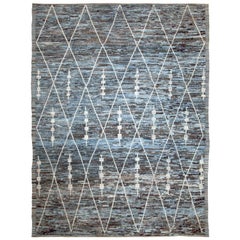 Afghan Moroccan Style Rug with White Geometric Details on Blue and Brown Field