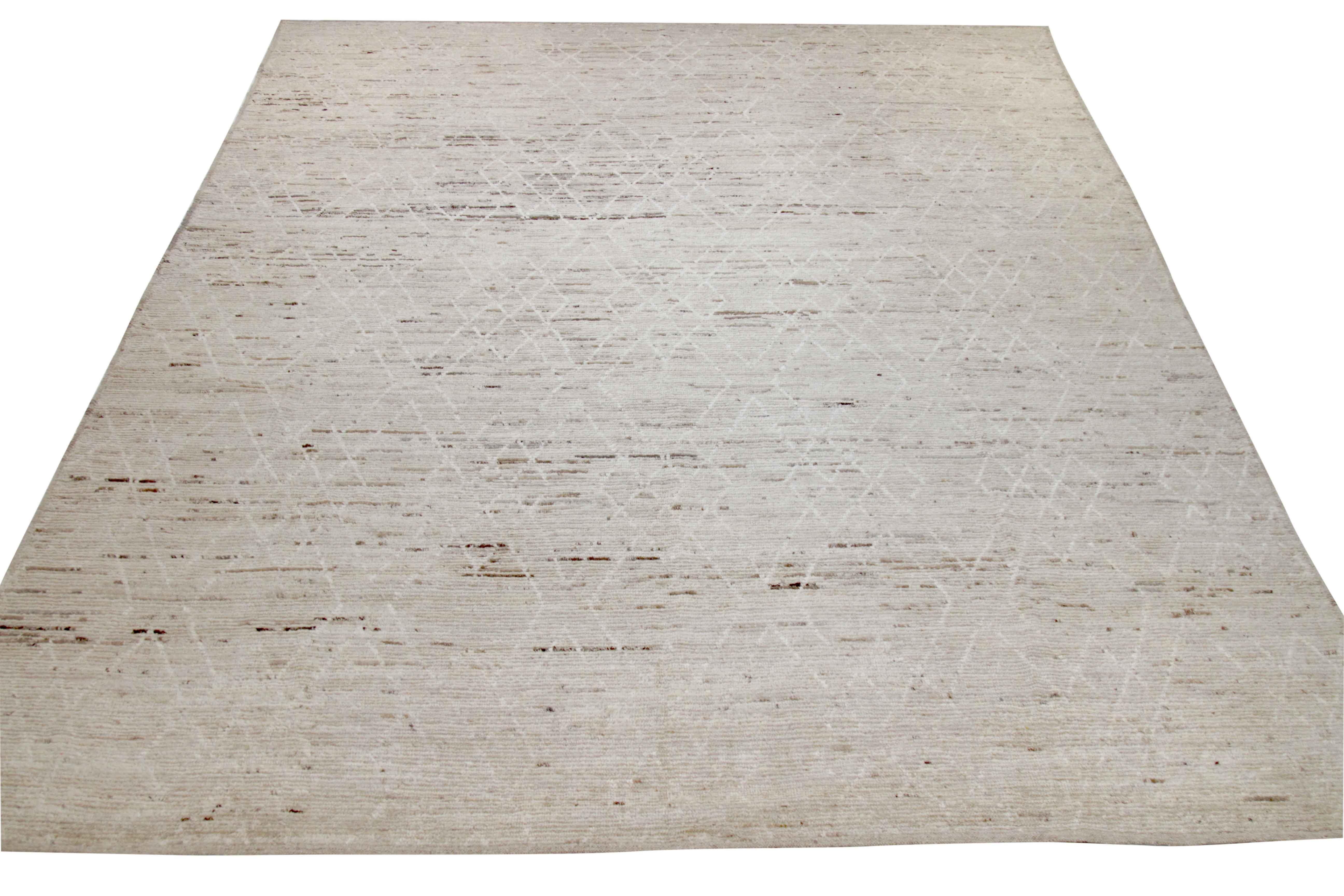 Afghan Moroccan Style Rug with White Geometric Details on Ivory and Brown Field In New Condition For Sale In Dallas, TX