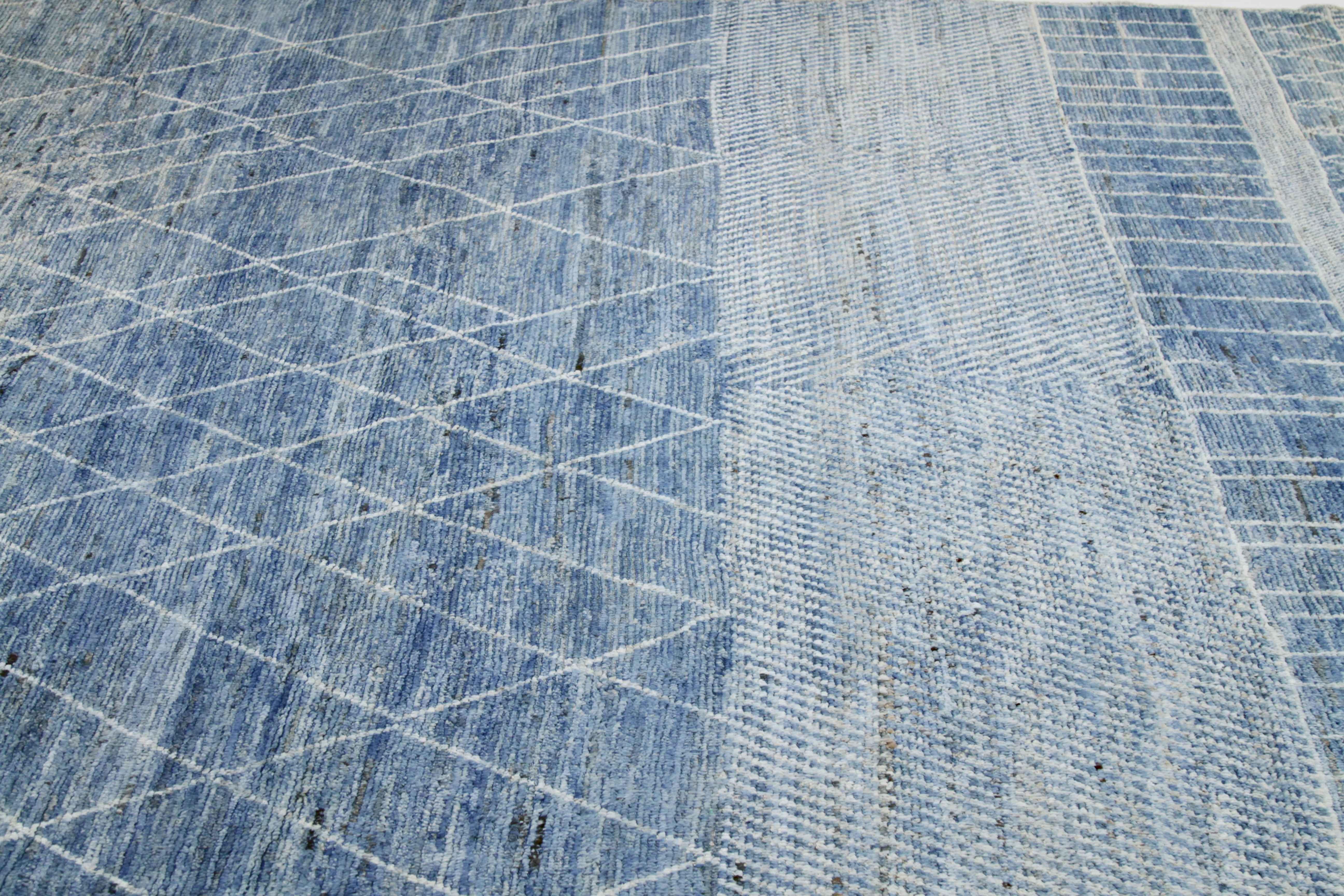 Contemporary Afghan Moroccan Style Rug with White Tribal Details on Blue Field