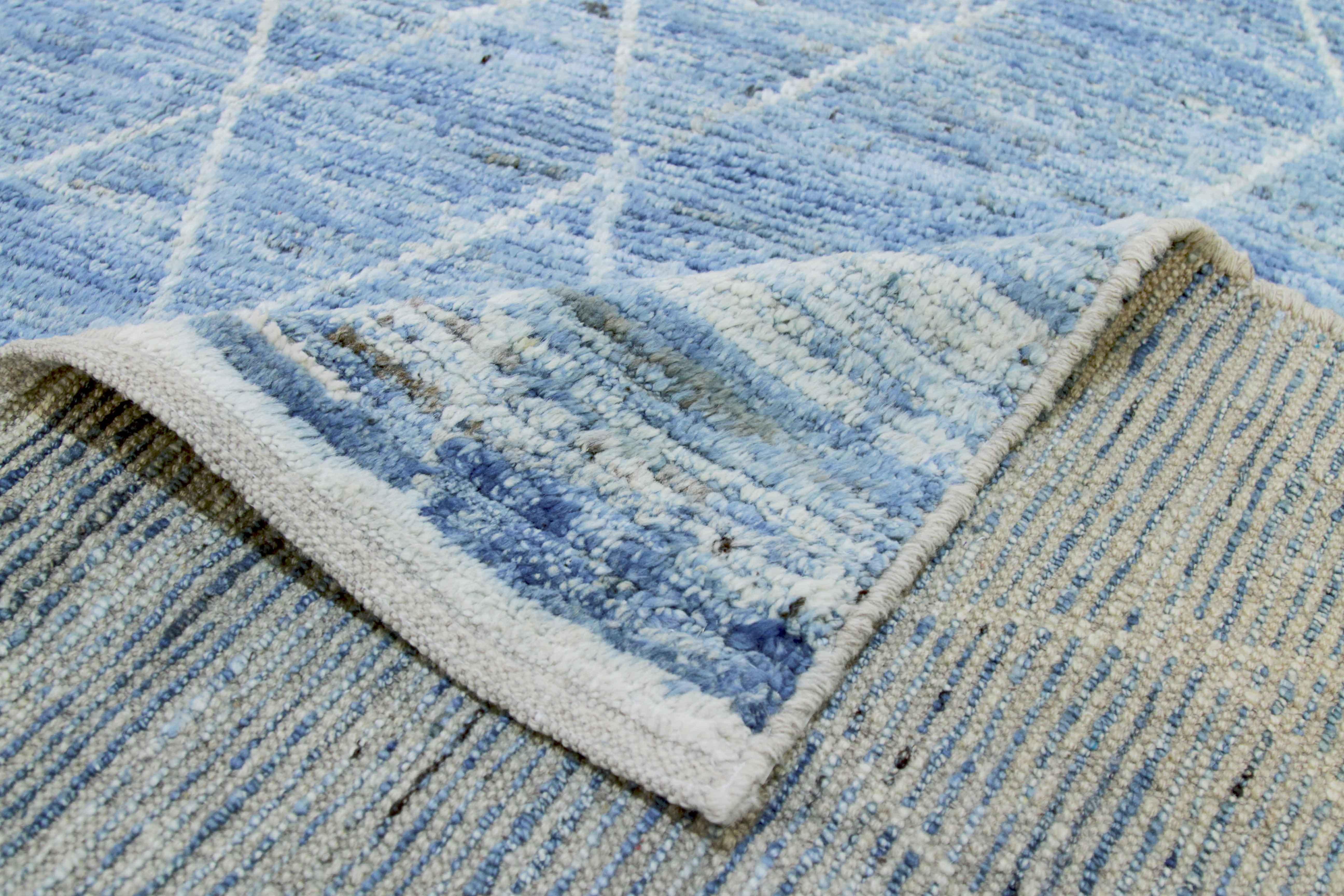 Wool Afghan Moroccan Style Rug with White Tribal Details on Blue Field