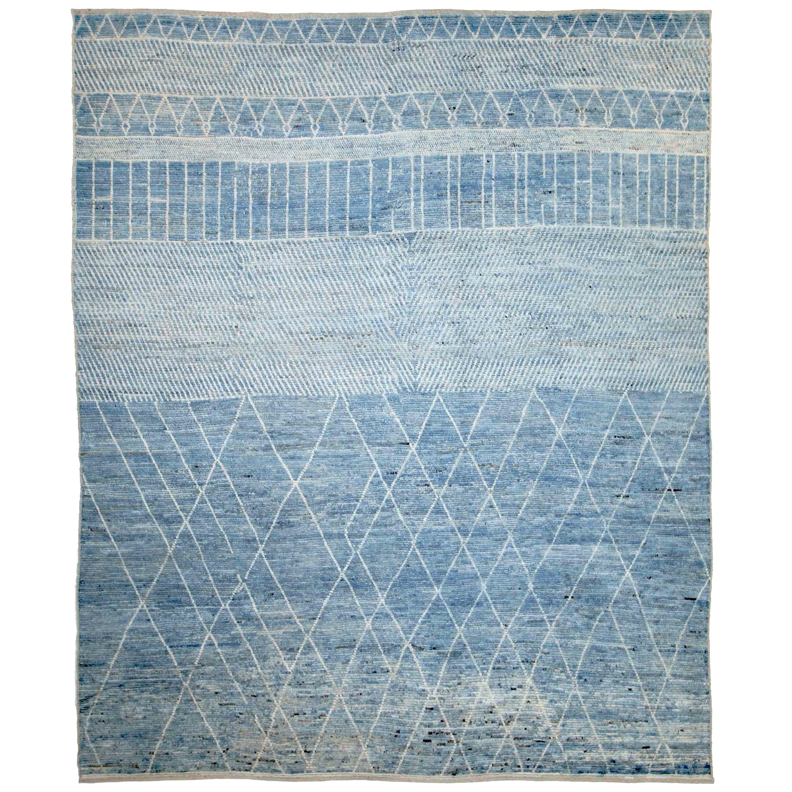 Afghan Moroccan Style Rug with White Tribal Details on Blue Field
