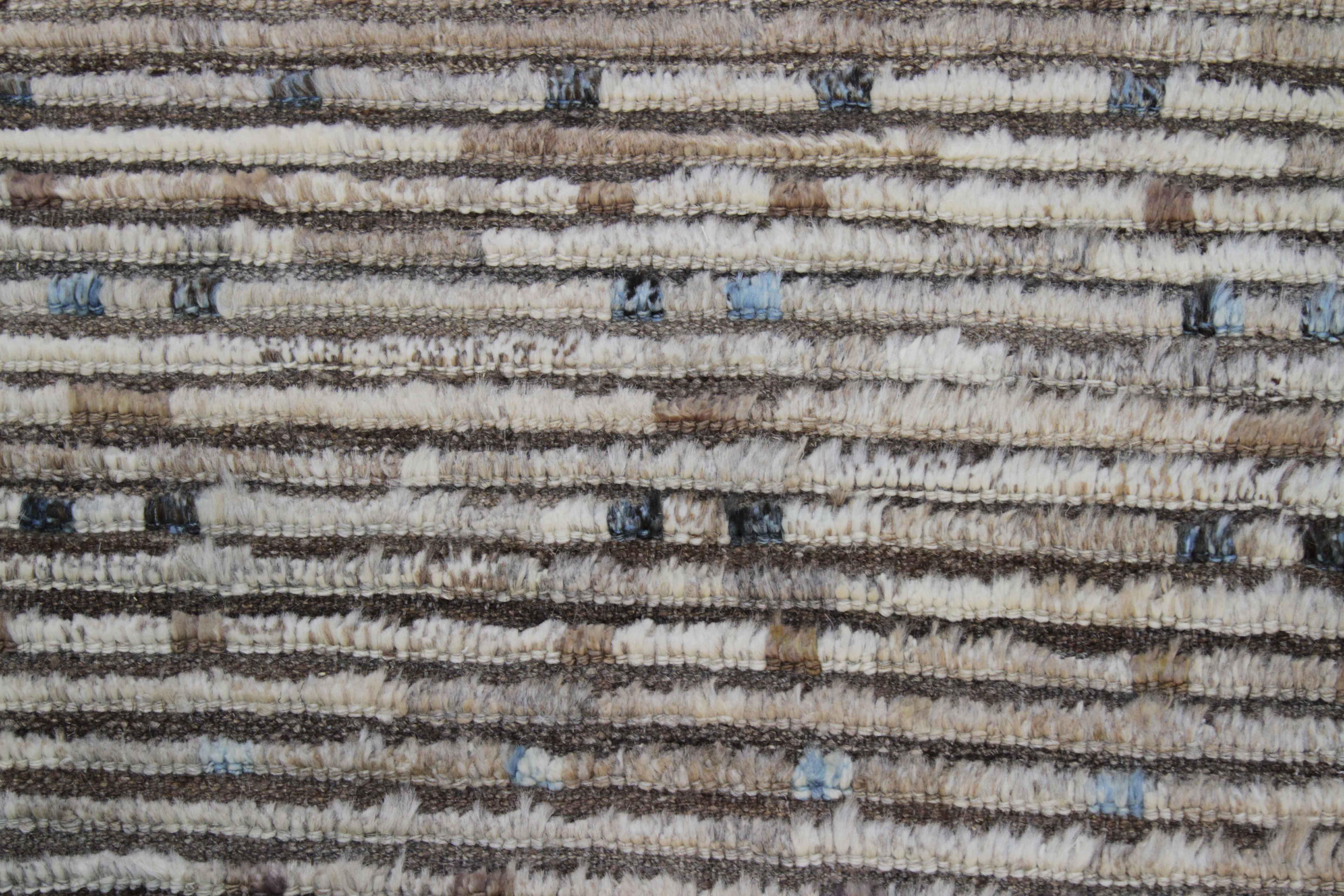 Tribal Afghan Moroccan Style Runner Rug in Ivory with Brown & Blue Diagonal Details For Sale
