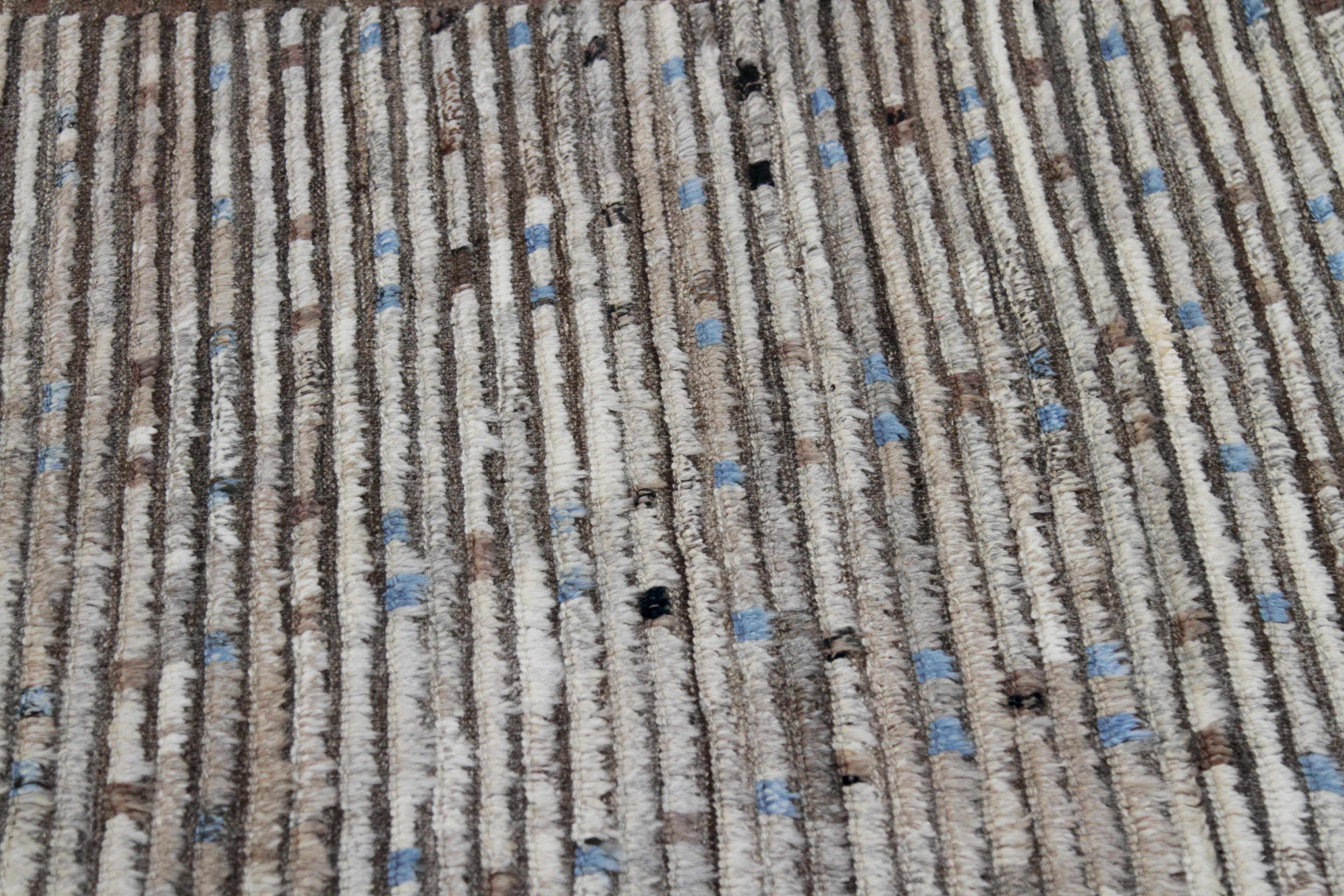 Afghan Moroccan Style Runner Rug in Ivory with Brown & Blue Diagonal Details In Excellent Condition For Sale In Dallas, TX