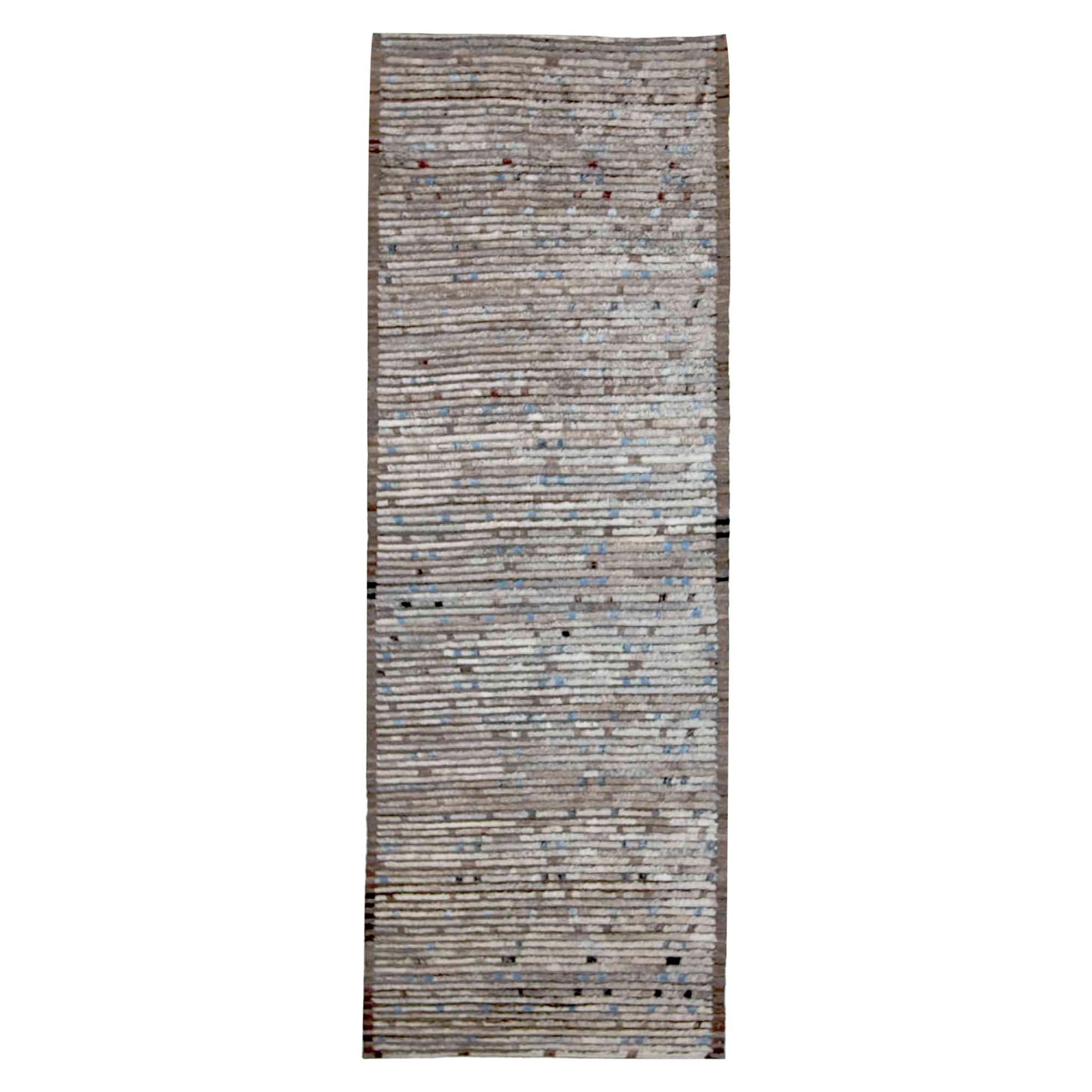 Afghan Moroccan Style Runner Rug in Ivory with Brown & Blue Diagonal Details