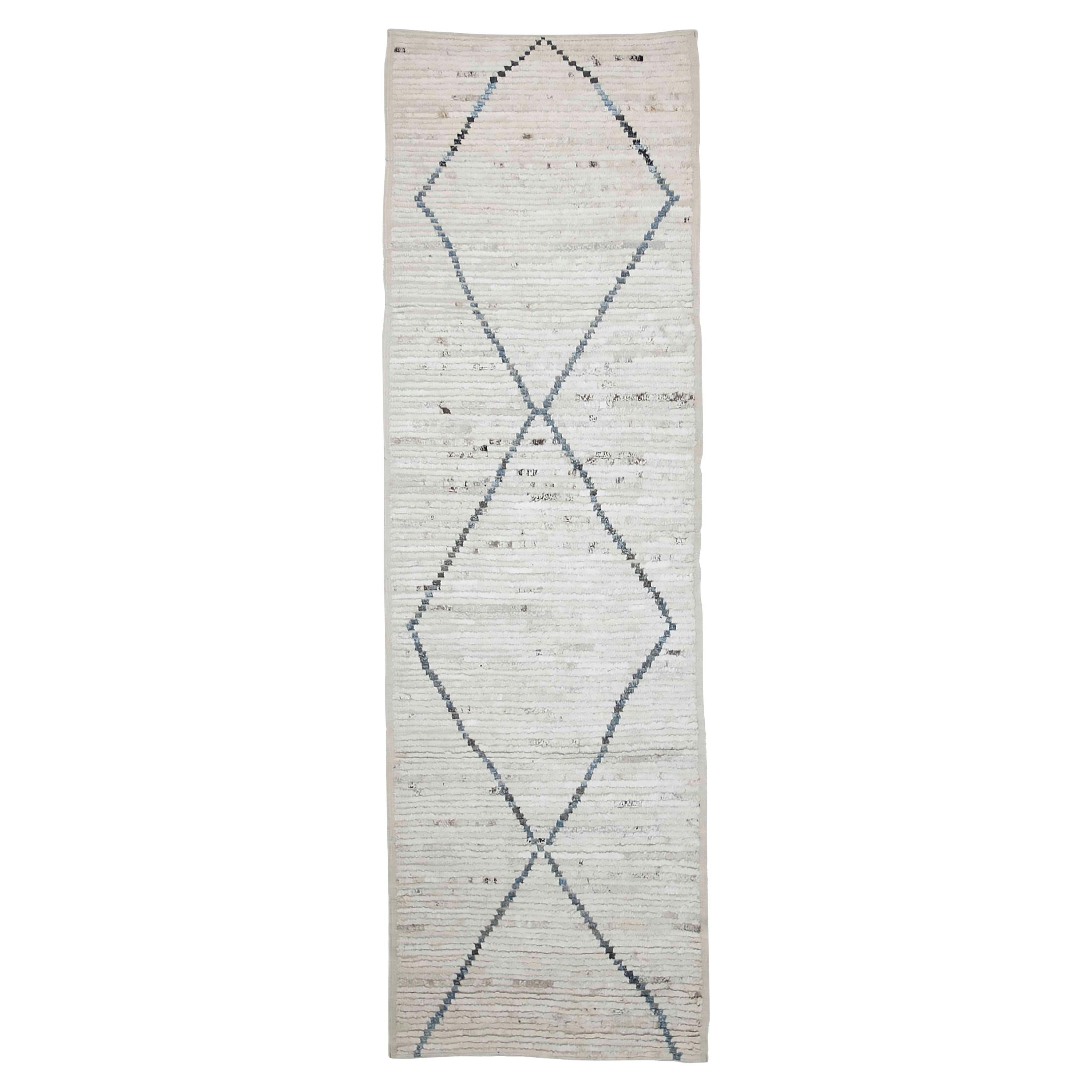 Afghan Moroccan Style Runner Rug in Ivory with Gray and Blue Diamond Details