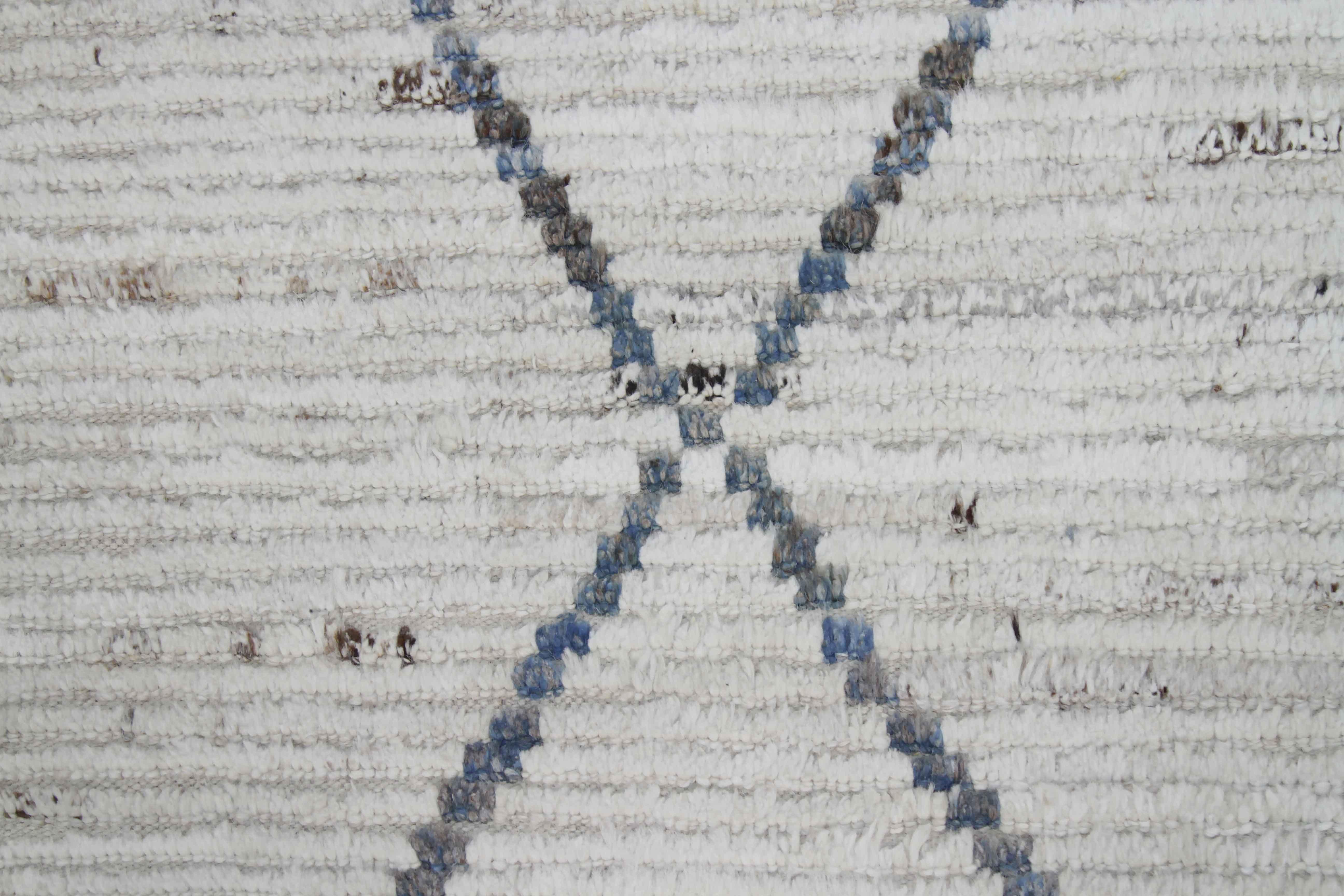 Tribal Afghan Moroccan Style Runner Rug in Ivory with Gray and Blue Diamond Details