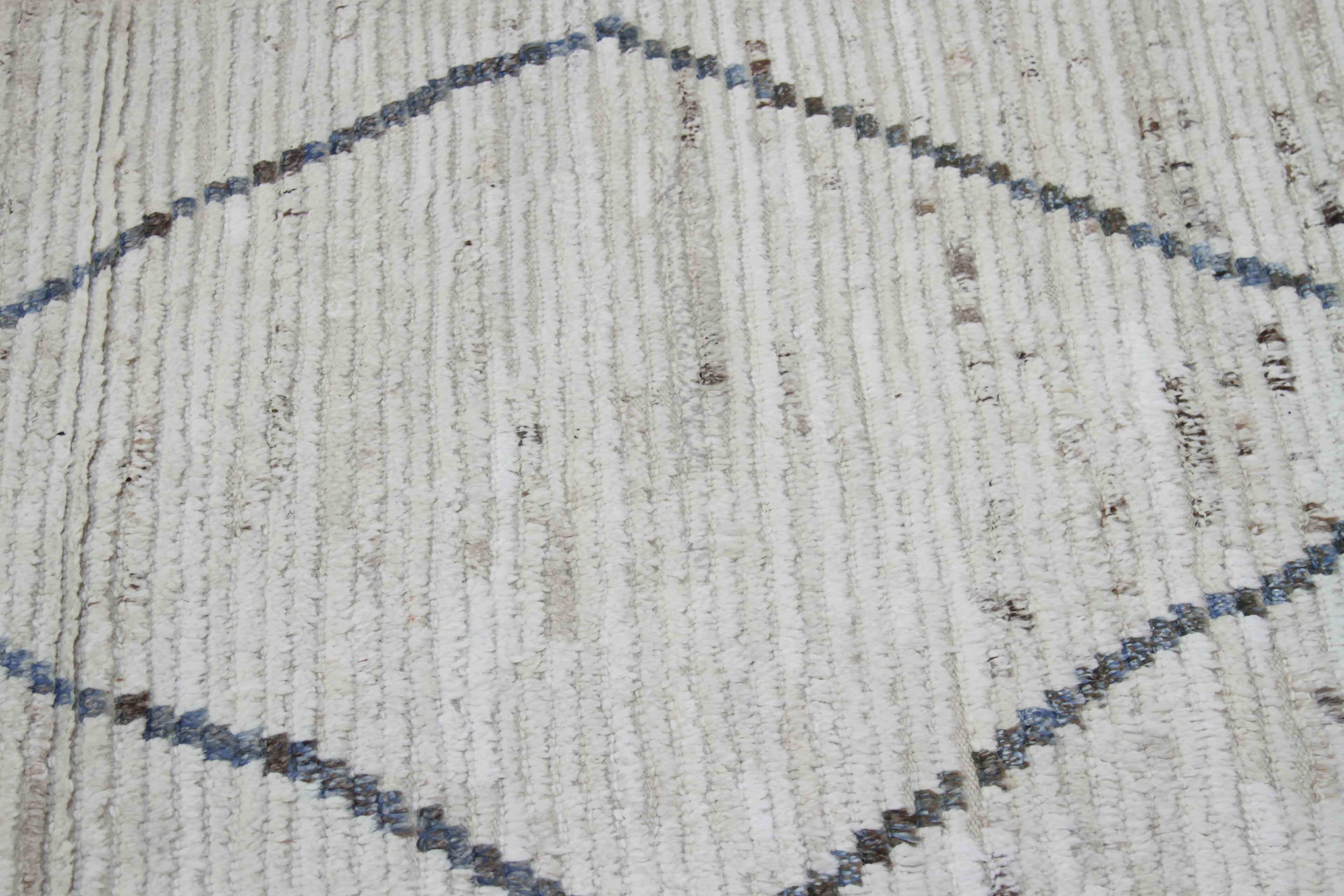 Afghan Moroccan Style Runner Rug in Ivory with Gray and Blue Diamond Details In New Condition In Dallas, TX