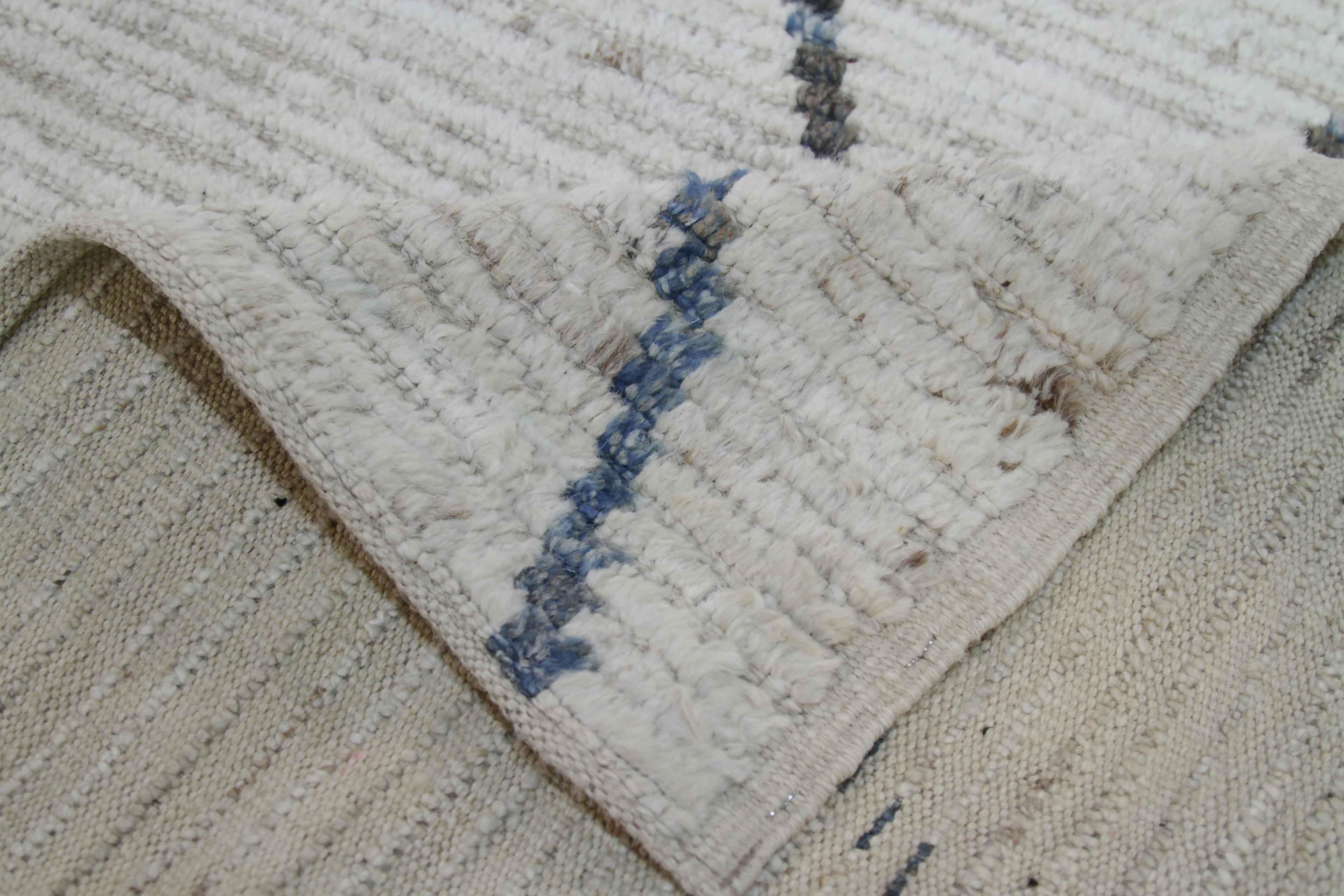 Contemporary Afghan Moroccan Style Runner Rug in Ivory with Gray and Blue Diamond Details