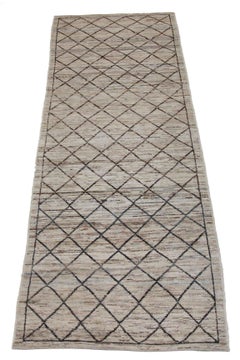 Afghan Moroccan Style Runner Rug with Black and Brown Diagonal Tile Pattern