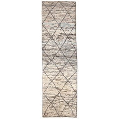 Afghan Moroccan Style Runner Rug with Black Diagonal Tile Patterns