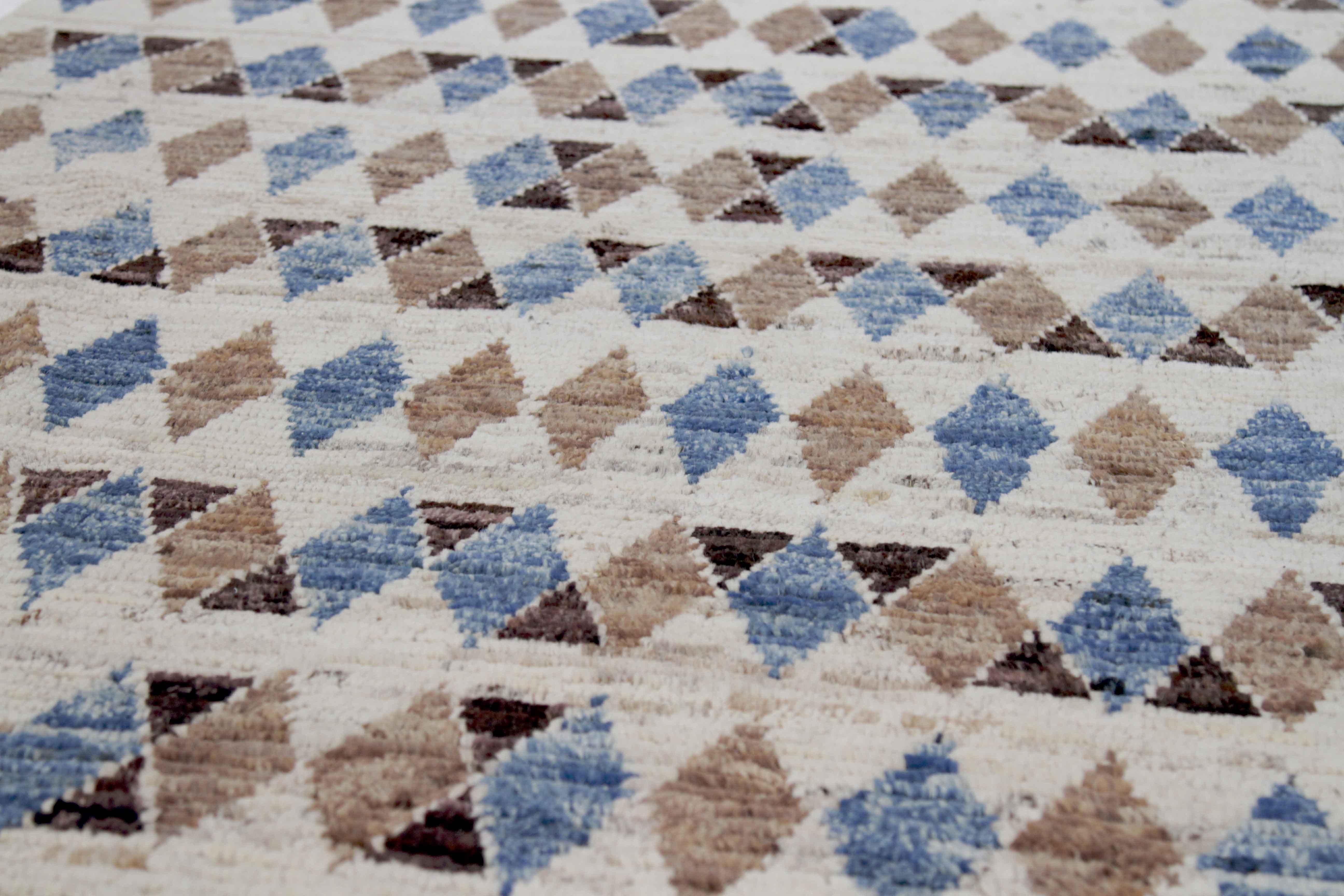 Hand-Woven Afghan Moroccan Style Runner Rug with Blue & Brown Diamond Details For Sale