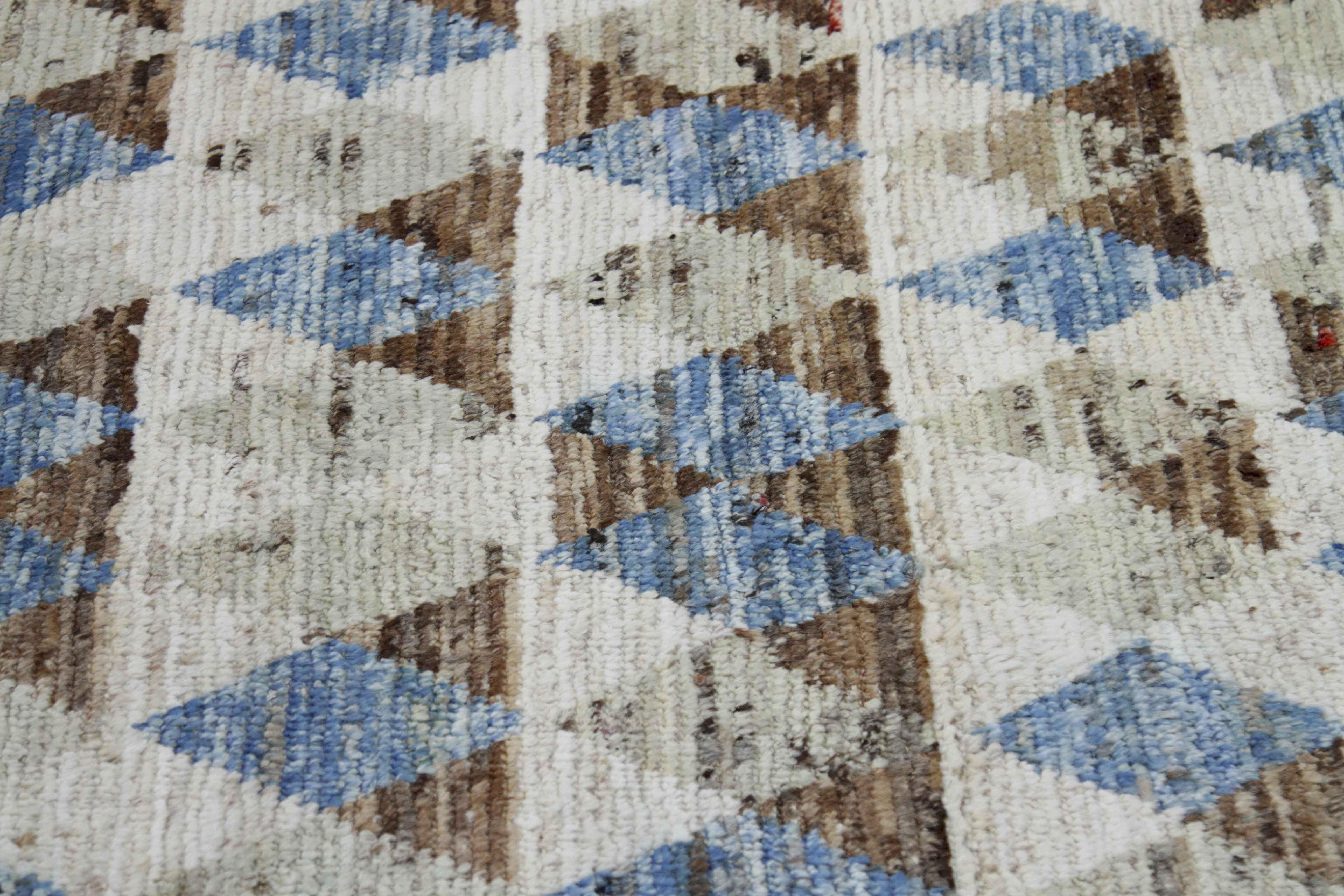 Hand-Woven Afghan Moroccan Style Runner Rug with Brown & Blue Triangle Details For Sale