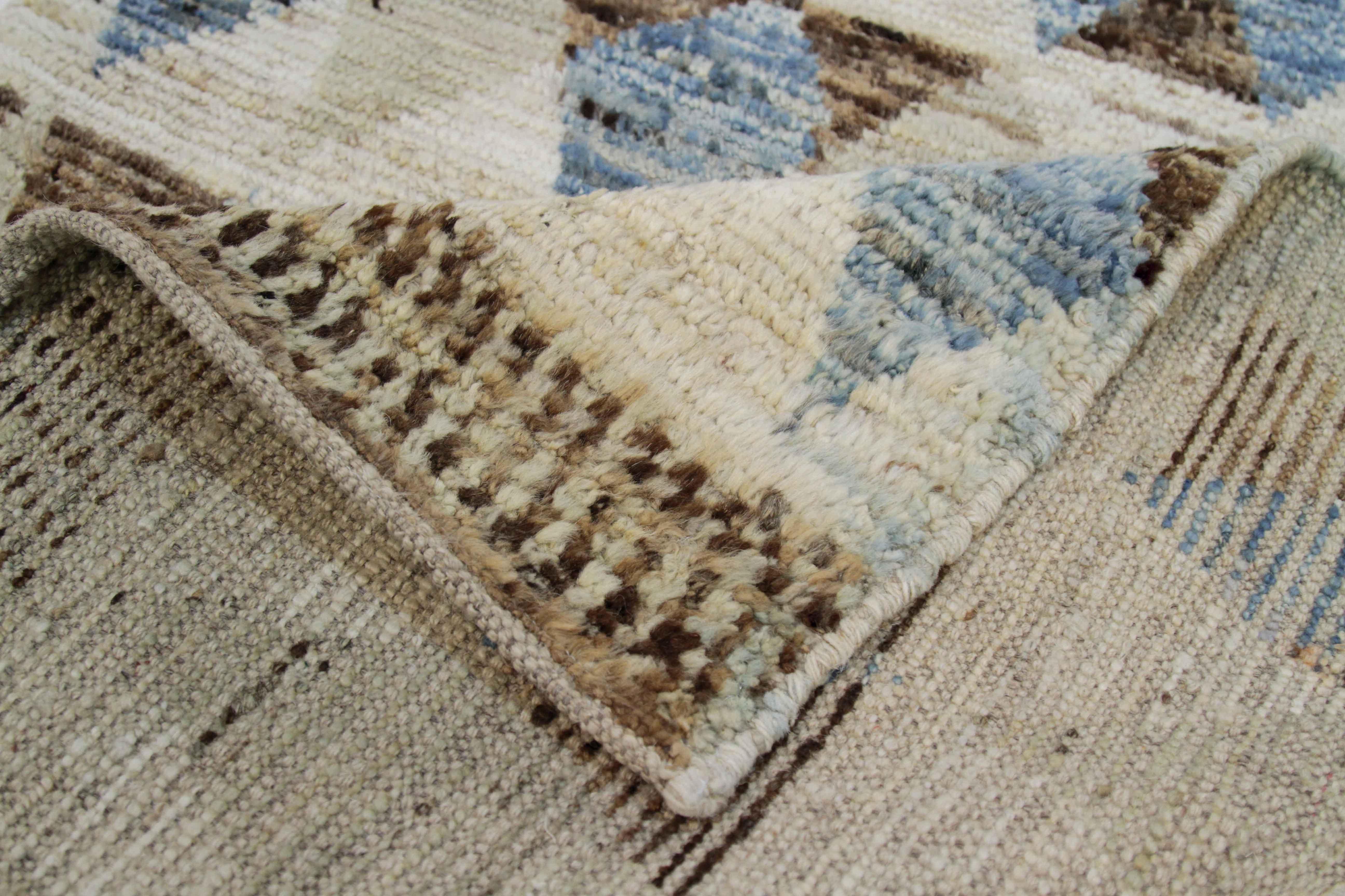 Contemporary Afghan Moroccan Style Runner Rug with Brown & Blue Triangle Details For Sale