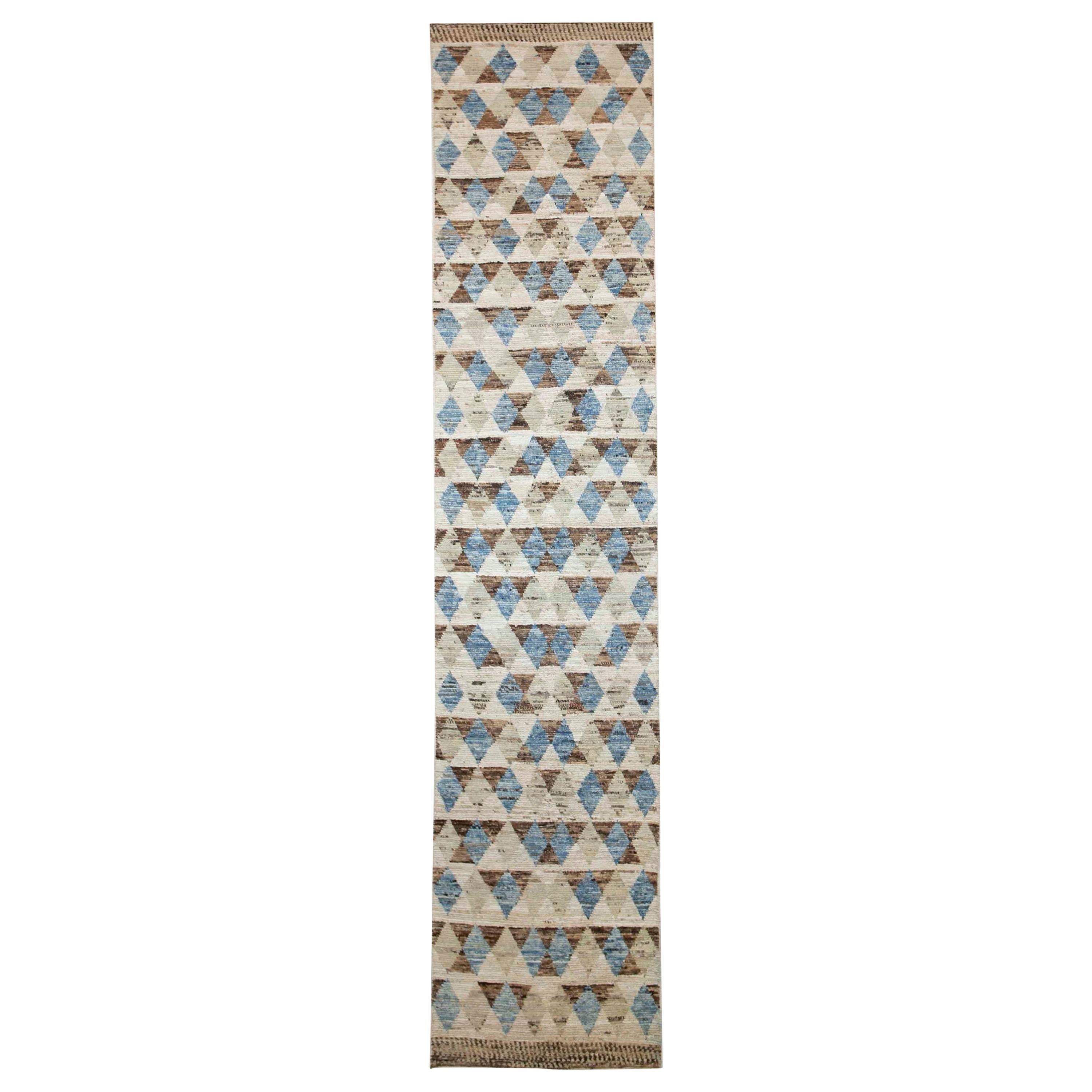Afghan Moroccan Style Runner Rug with Brown & Blue Triangle Details For Sale