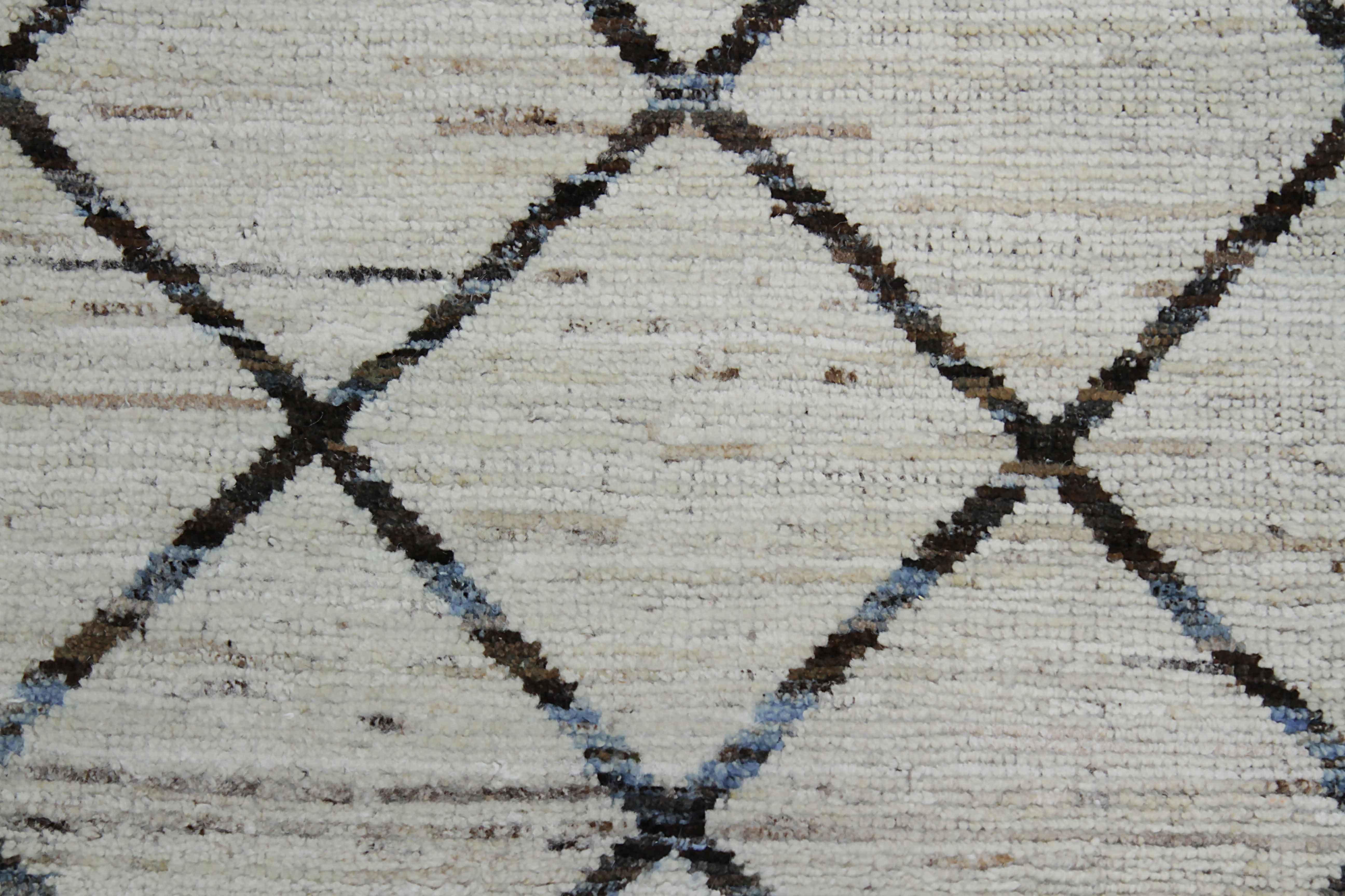 Tribal Afghan Moroccan Style Runner Rug with Brown Diagonal Patterns and Blue Streaks For Sale