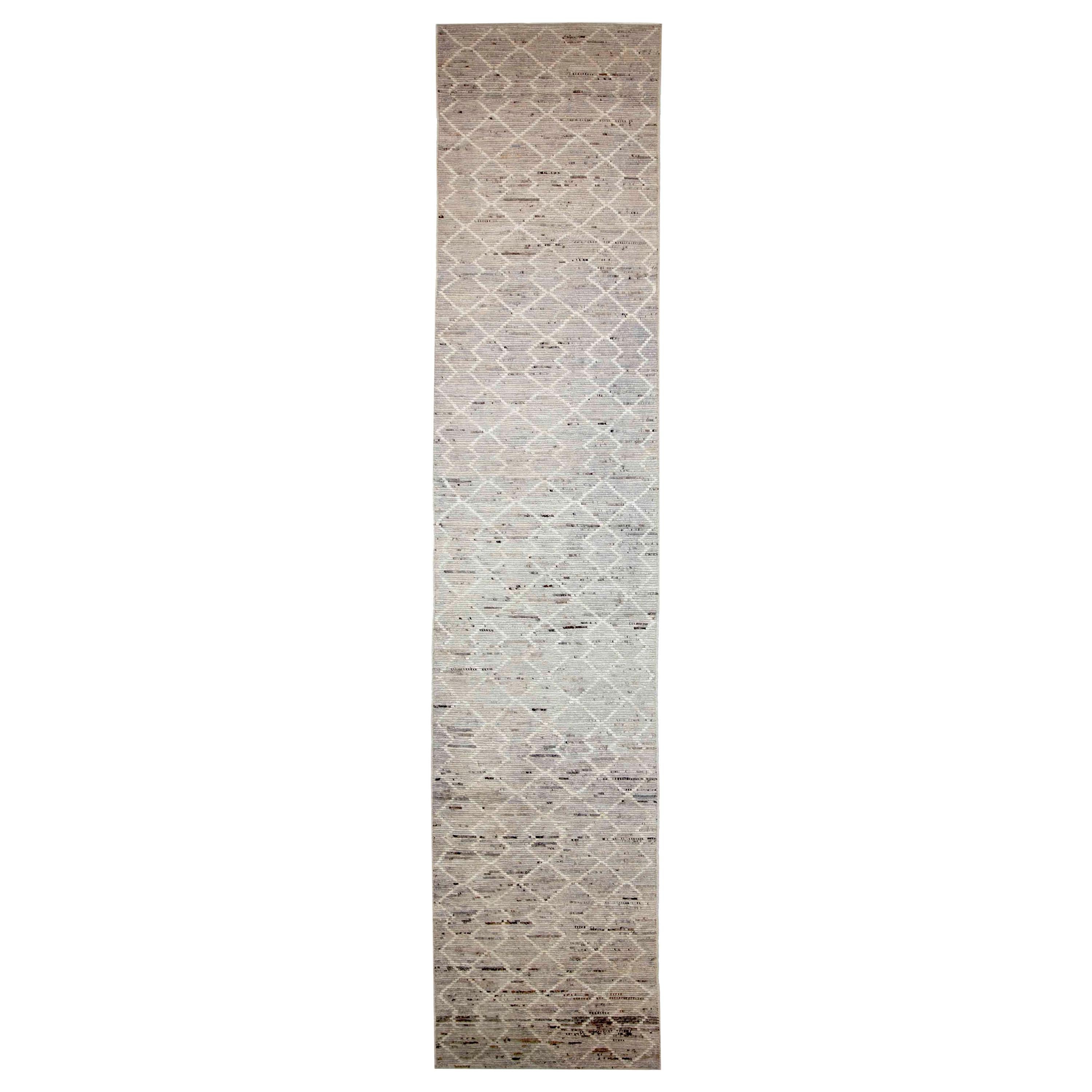 Afghan Moroccan Style Runner Rug with Ivory Tribal Details on Beige Field For Sale