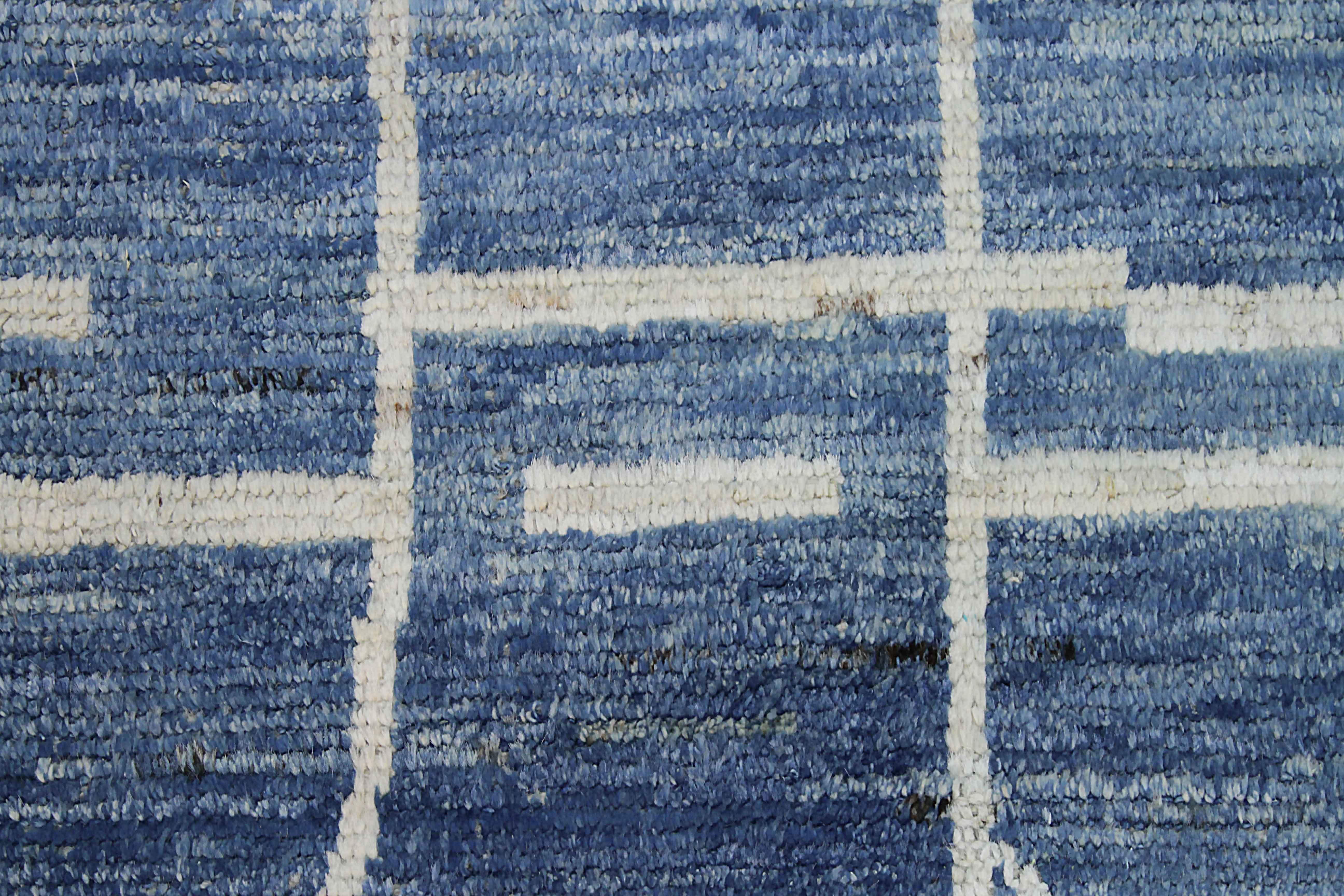 Hand-Woven Afghan Moroccan Style Runner Rug with White Tribal Details on Blue & Gray Field For Sale