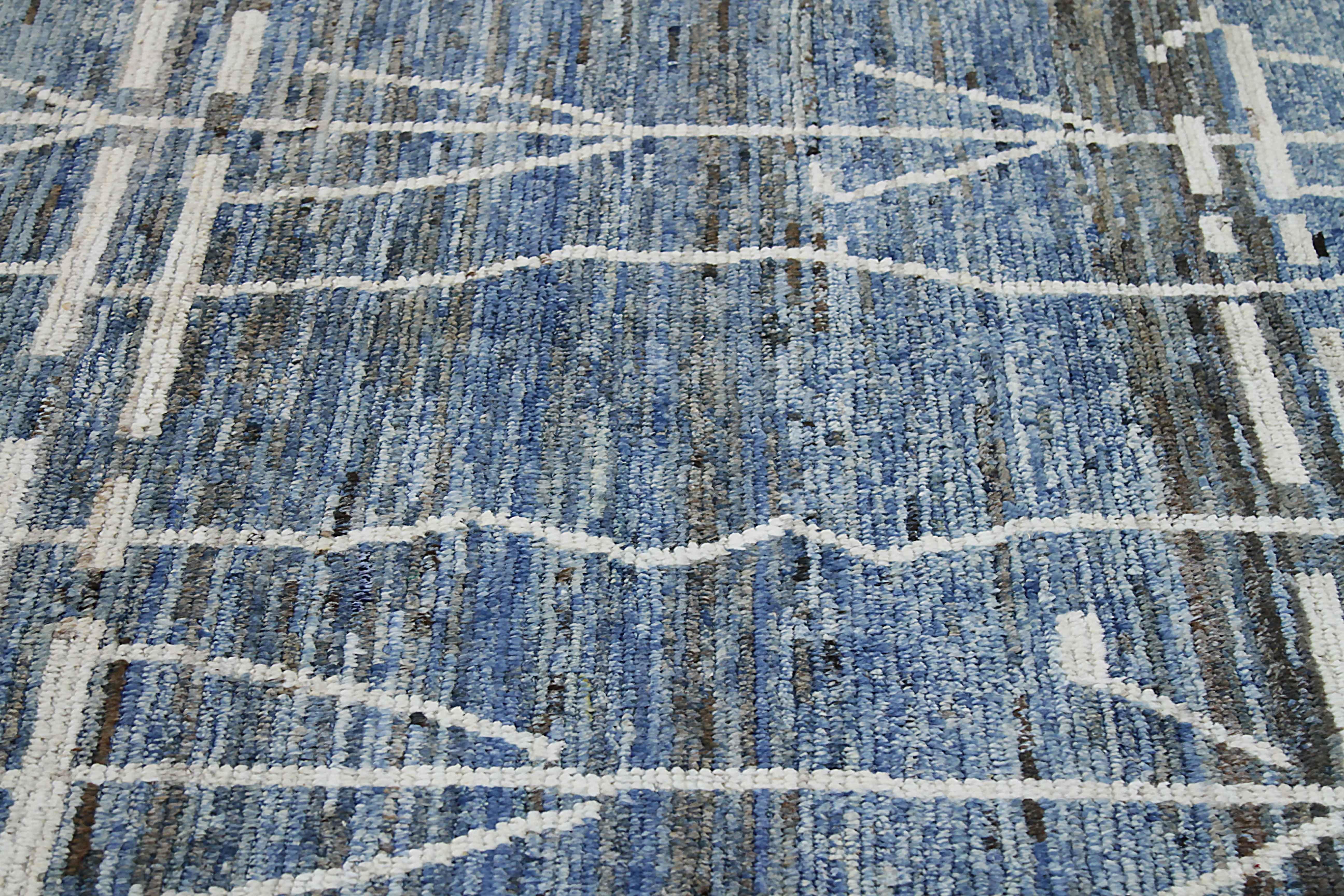 20th Century Afghan Moroccan Style Runner Rug with White Tribal Details on Blue & Gray Field For Sale