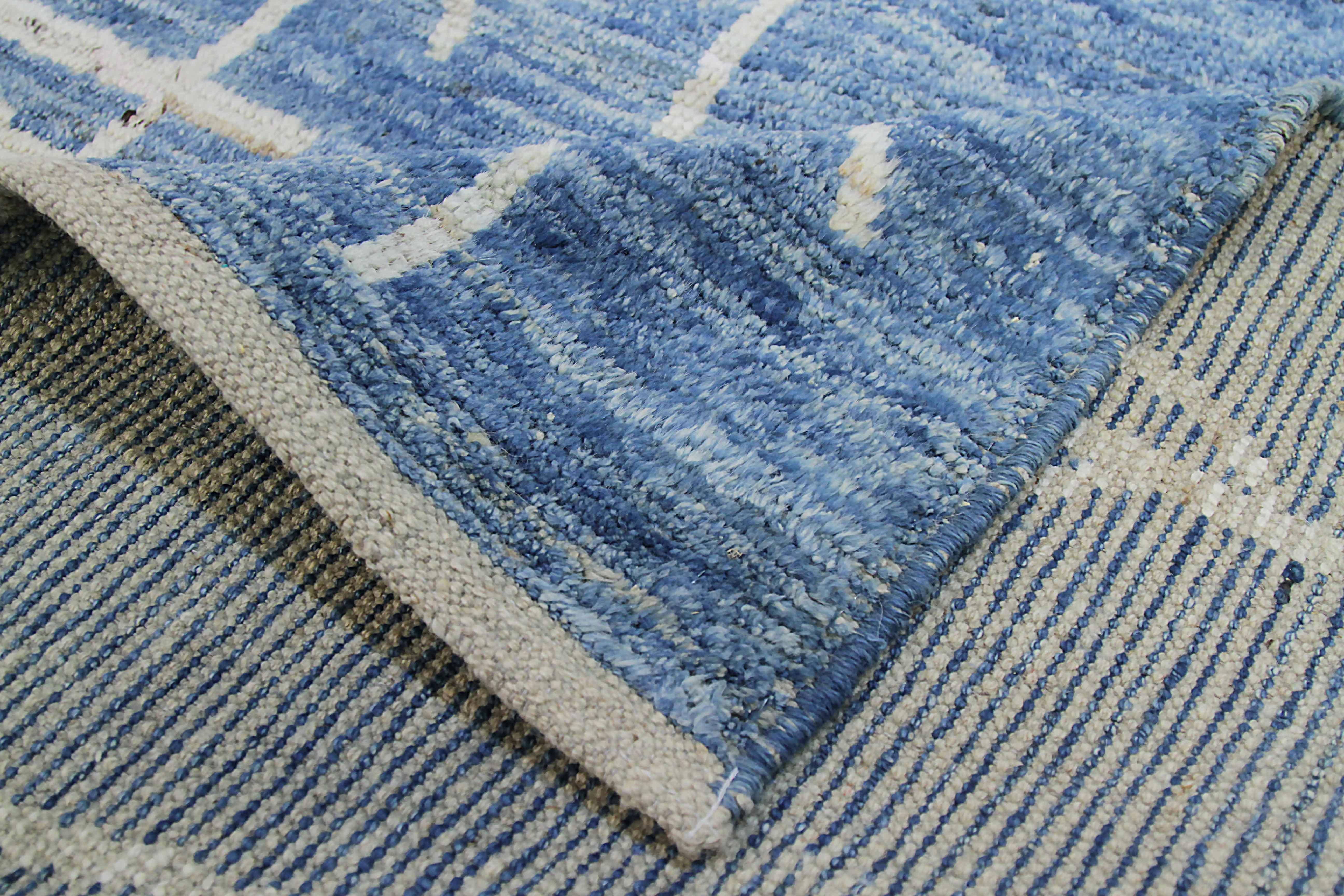 Wool Afghan Moroccan Style Runner Rug with White Tribal Details on Blue & Gray Field For Sale