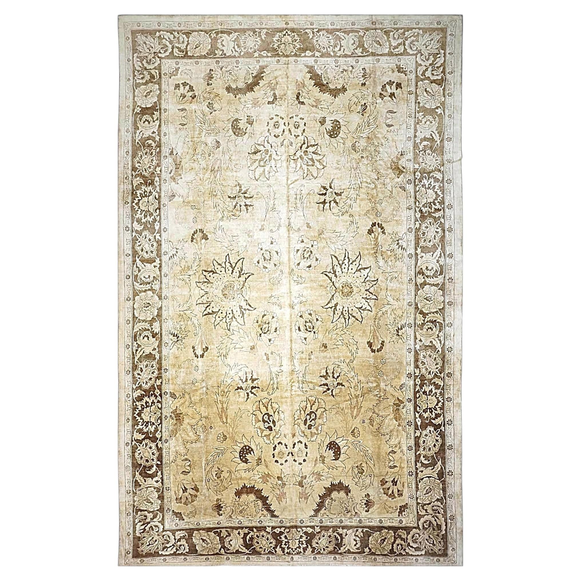Afghan Oushak Wool 12x20 Ivory & Brown Handmade Oversized Area Rug For Sale
