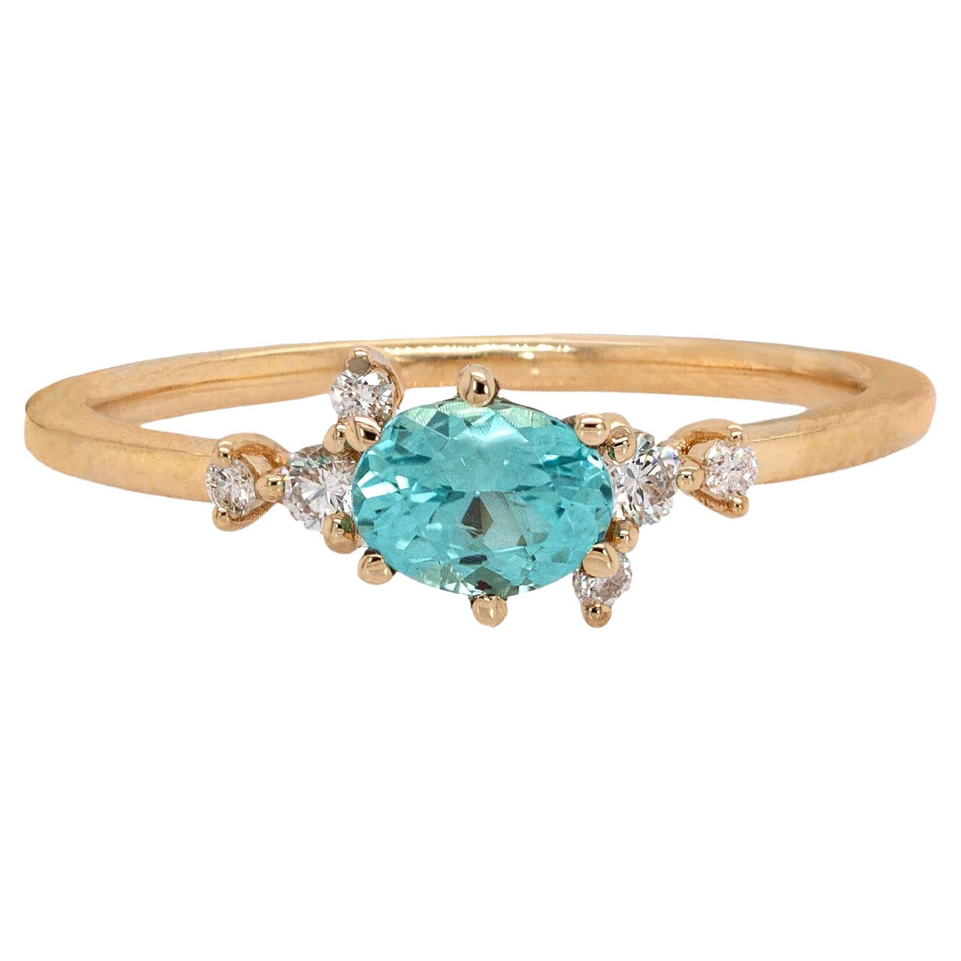 Afghanischer Paraiba-Farbturmalin-Ring aus massivem 14-karätigem Gold: Natürliche Diamant-Akzente
