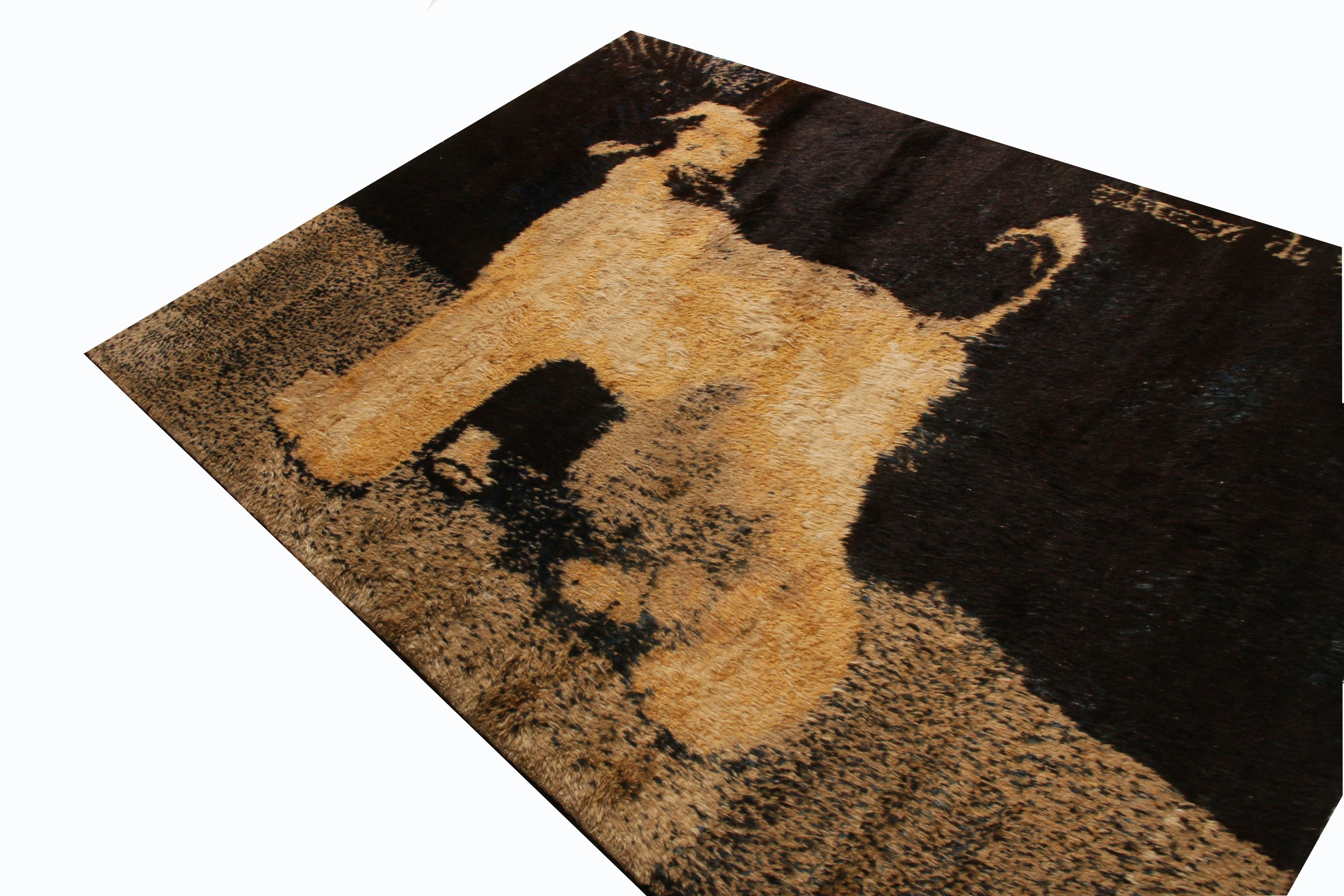 This hand knotted Afghan pictorial rug depicts a finely woven abrash black and gold dog design in silk-like, luminous goat hair. Borderless throughout the field design to the guard, the pictorial dog features brighter, more iridescent golden-yellow