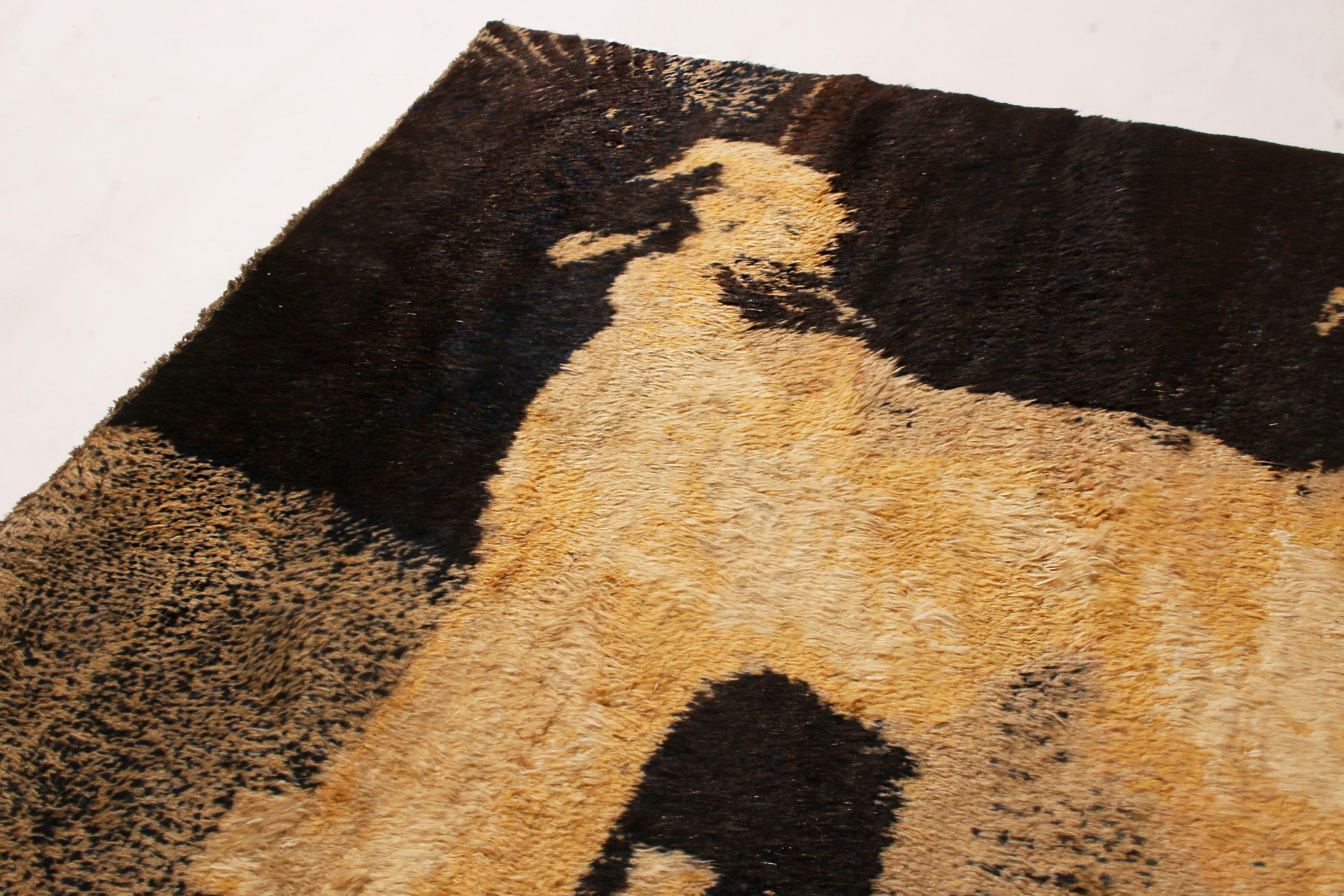 Hand-Knotted Afghan Pictorial Dog Design Black and Gold Goat Hair Rug