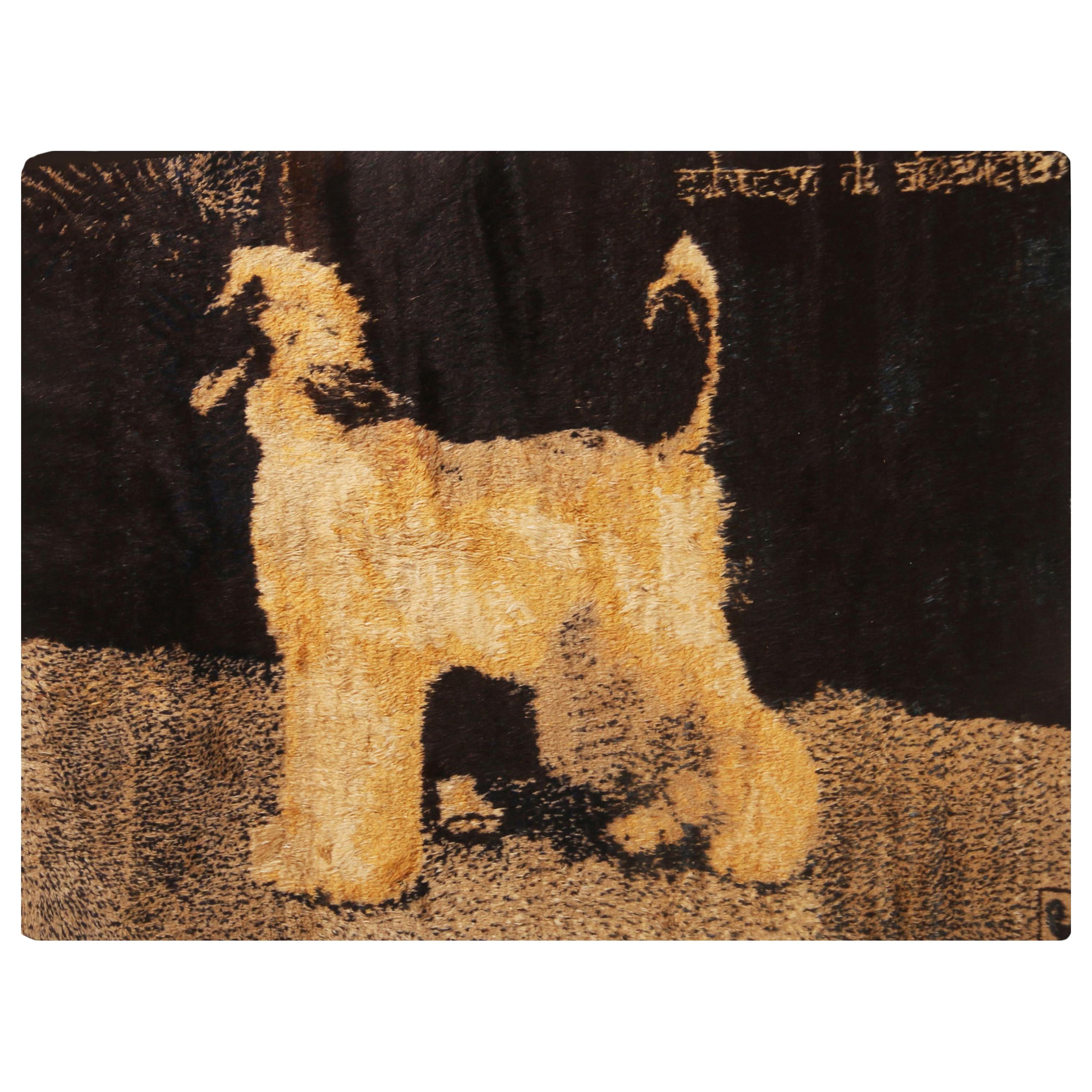 Afghan Pictorial Dog Design Black and Gold Goat Hair Rug
