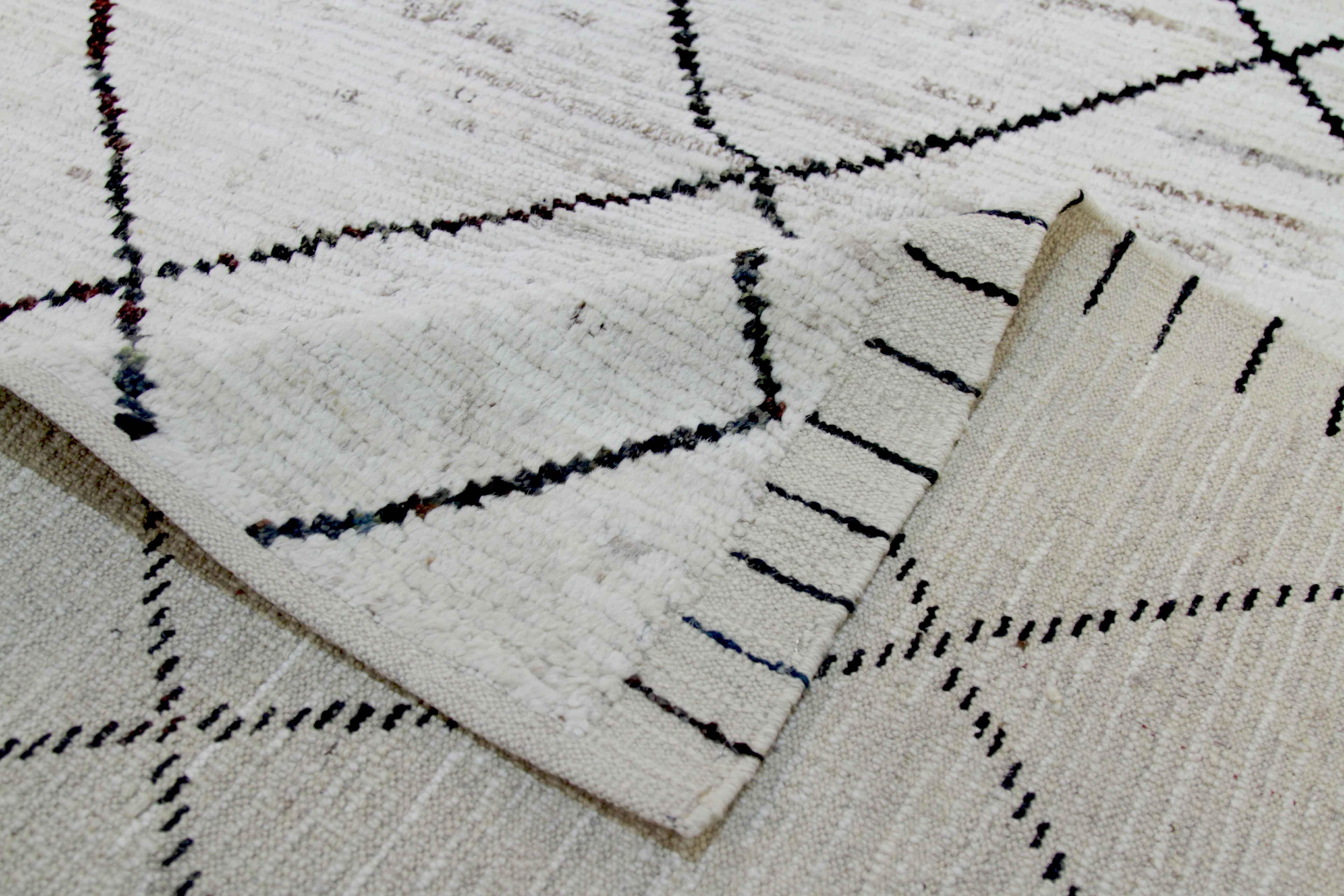 Wool Afghan Rug in Moroccan Design with Black & Brown Tribal Patterns on Ivory Field