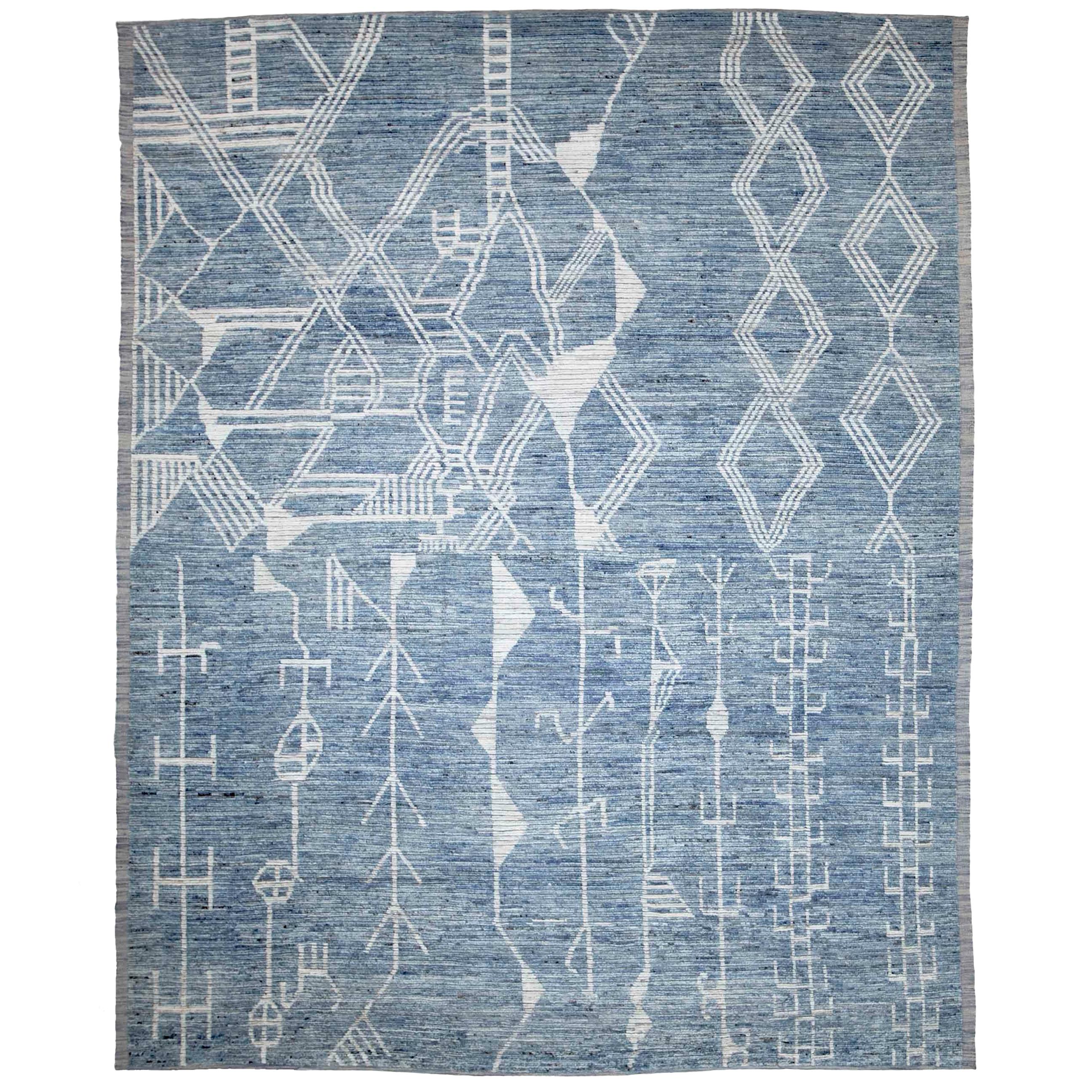 Afghan Rug in Moroccan Design with Ivory Tribal Patterns on Blue Field