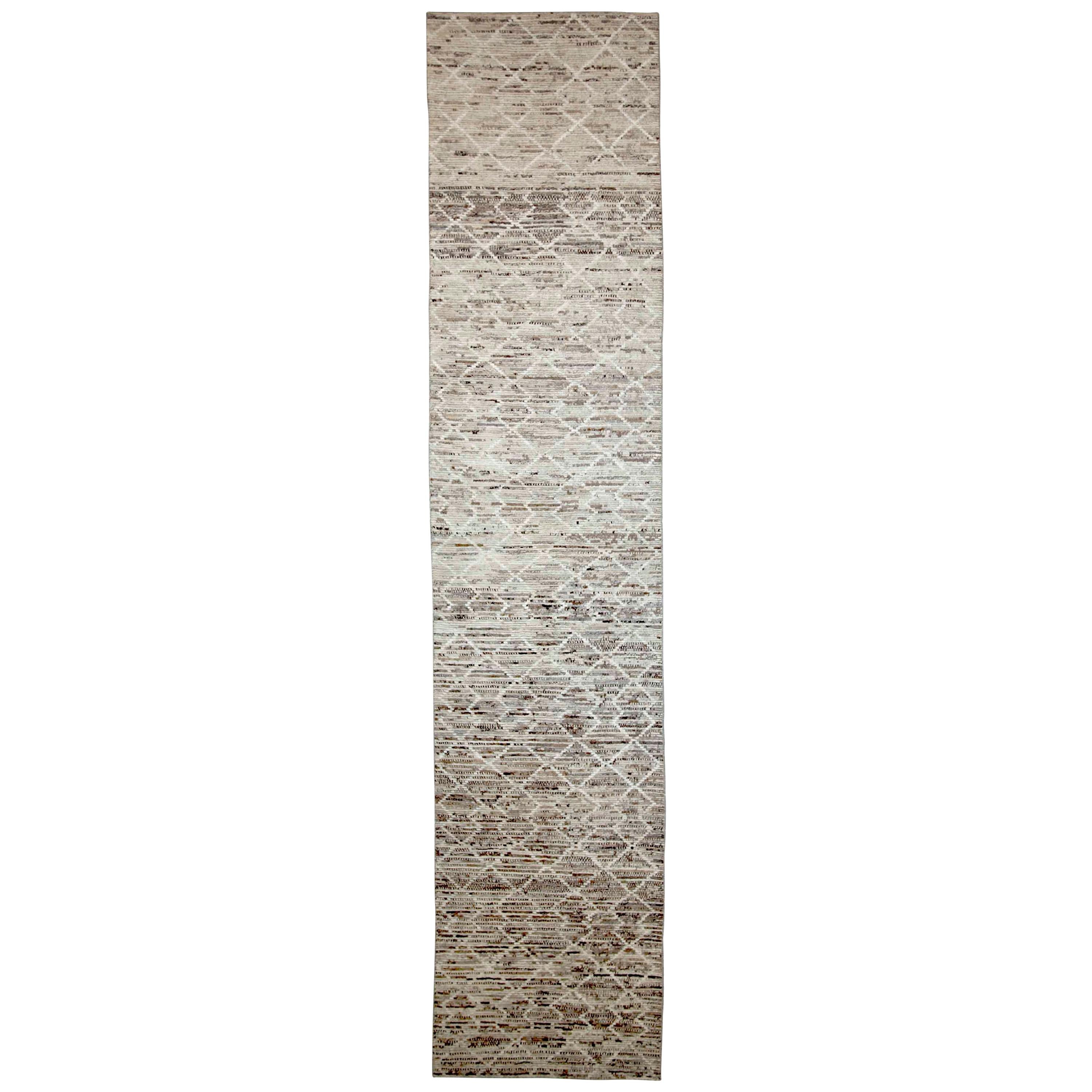 Afghan Runner Rug with White Moroccan Geometric Details on Ivory & Brown Field