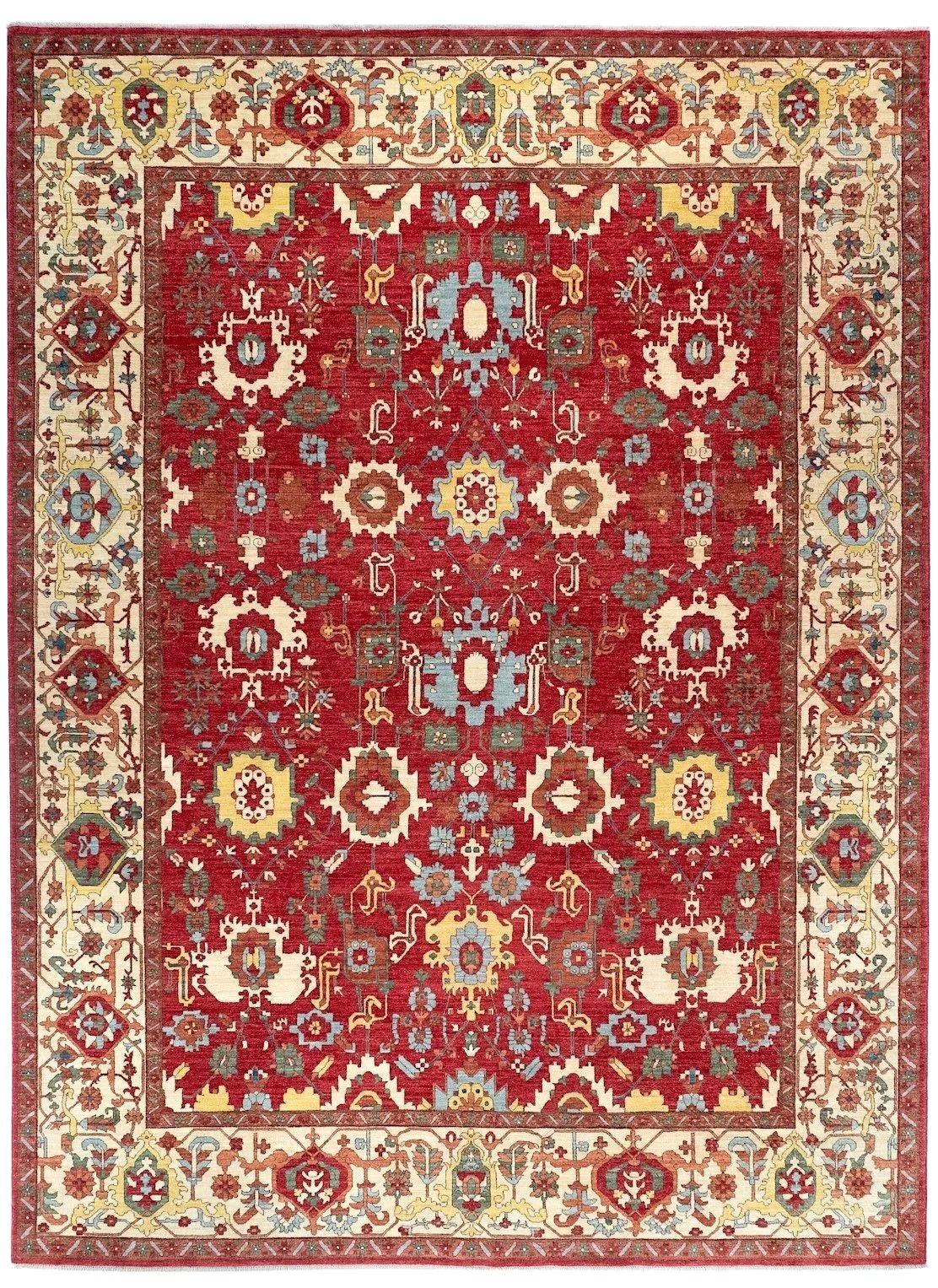 Afghan Serapi Hand-Knotted Wool Rug 9'1" x 12' – Classic Red Medallion Design For Sale