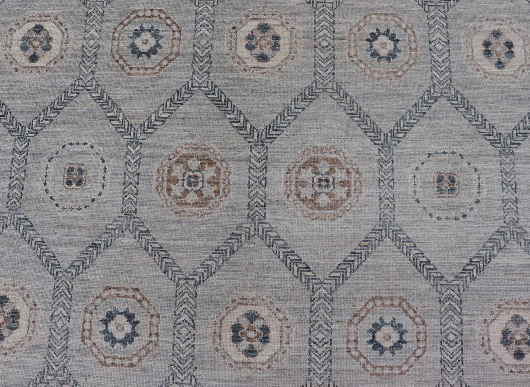Wool Afghan Sub-Geometric Mosaic Khotan Rug with Muted Tones of Blue and Brown For Sale