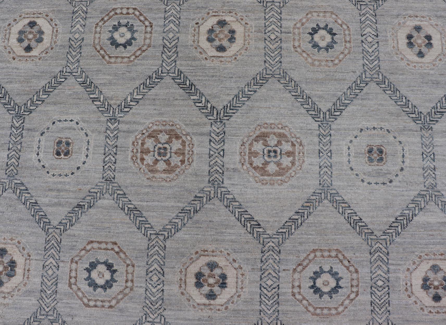 Wool Afghan Sub-Geometric Mosaic Khotan Rug with Muted Tones of Blue and Brown
