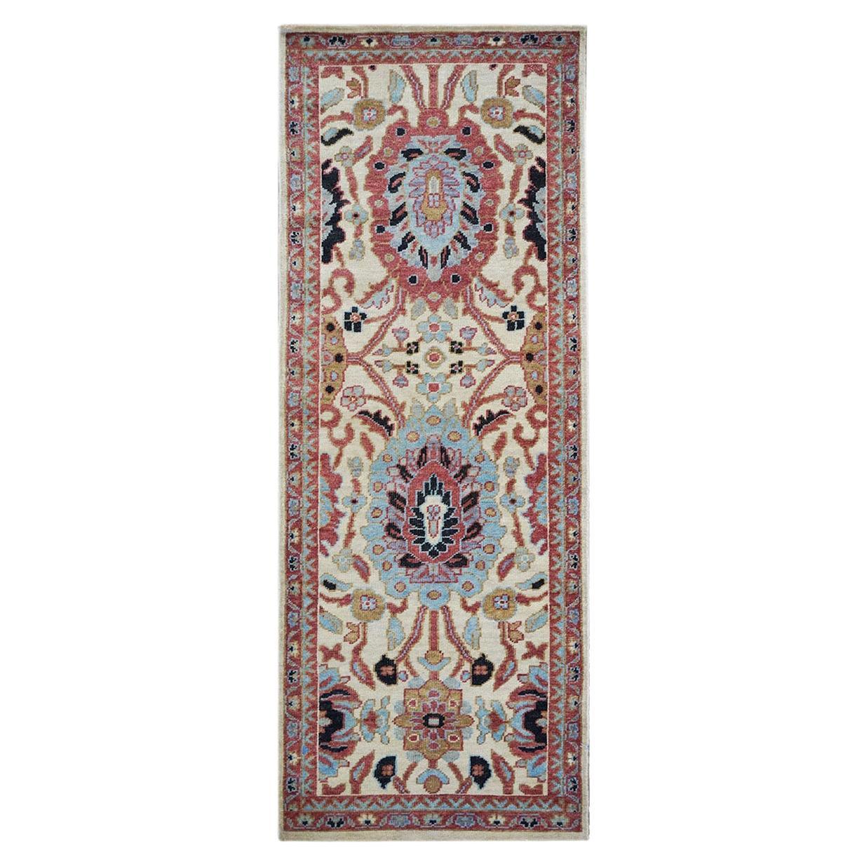 Afghan Sultanabad Wool 3x7 Blue, Ivory & Rust Handmade Runner Rug For Sale