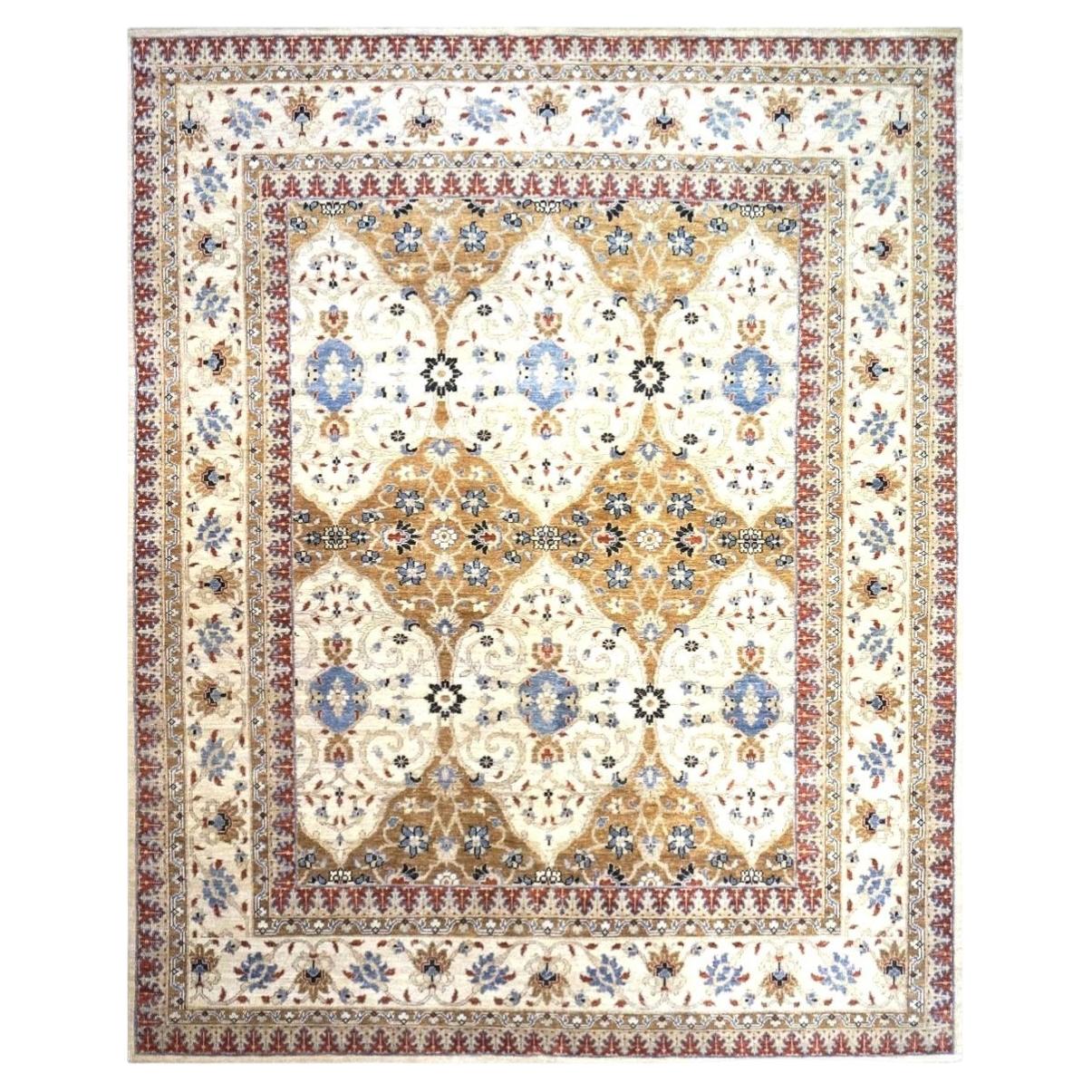 Afghan Sultanabad Wool 8 x 10 Ivory, Tan, Red & Light Blue Handmade Area Rug