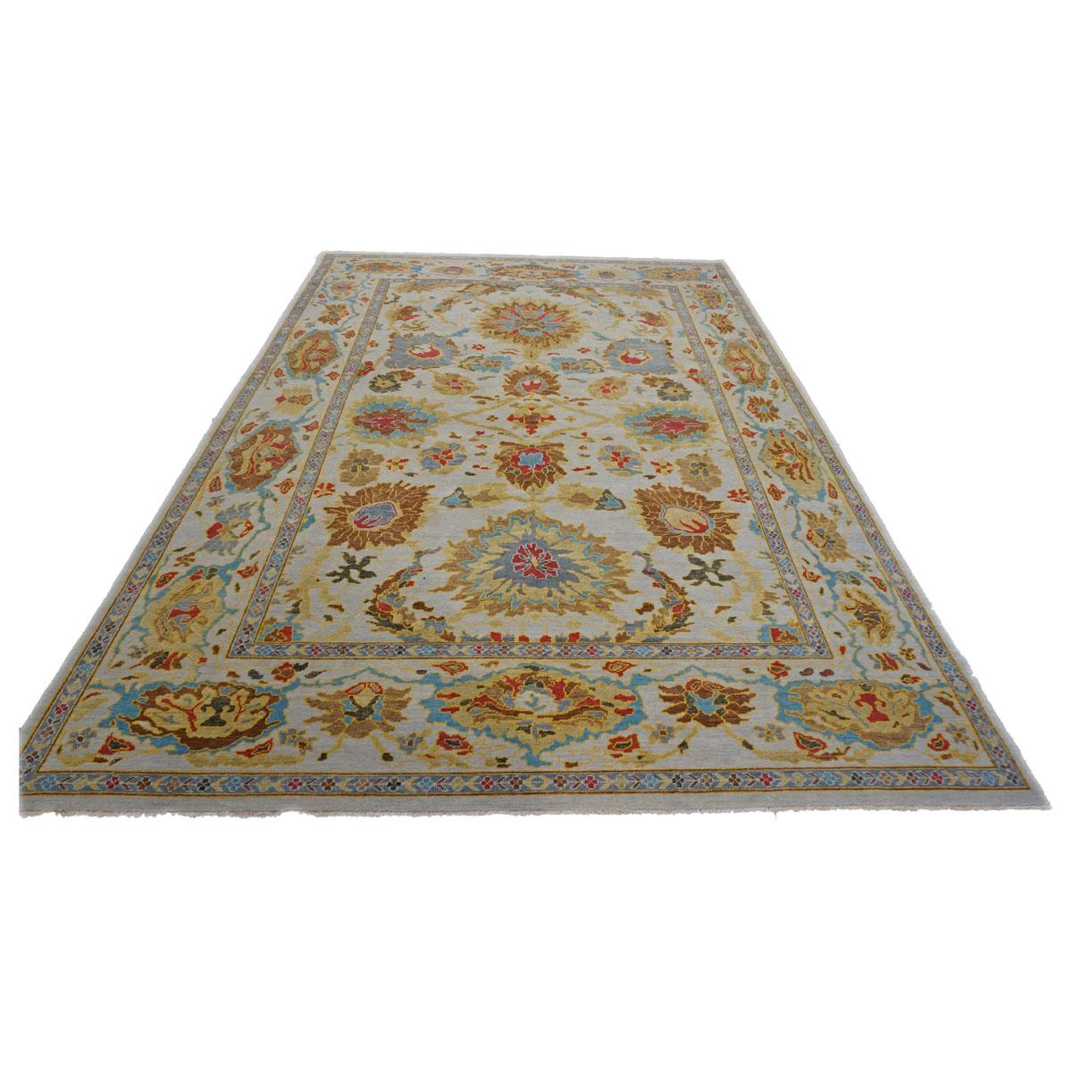 Afghanische Sultanabad Wolle 9X12 Elfenbein, Hellblau, Braun & Gelb Handgefertigt Bereich Teppich (Handgeknüpft) im Angebot