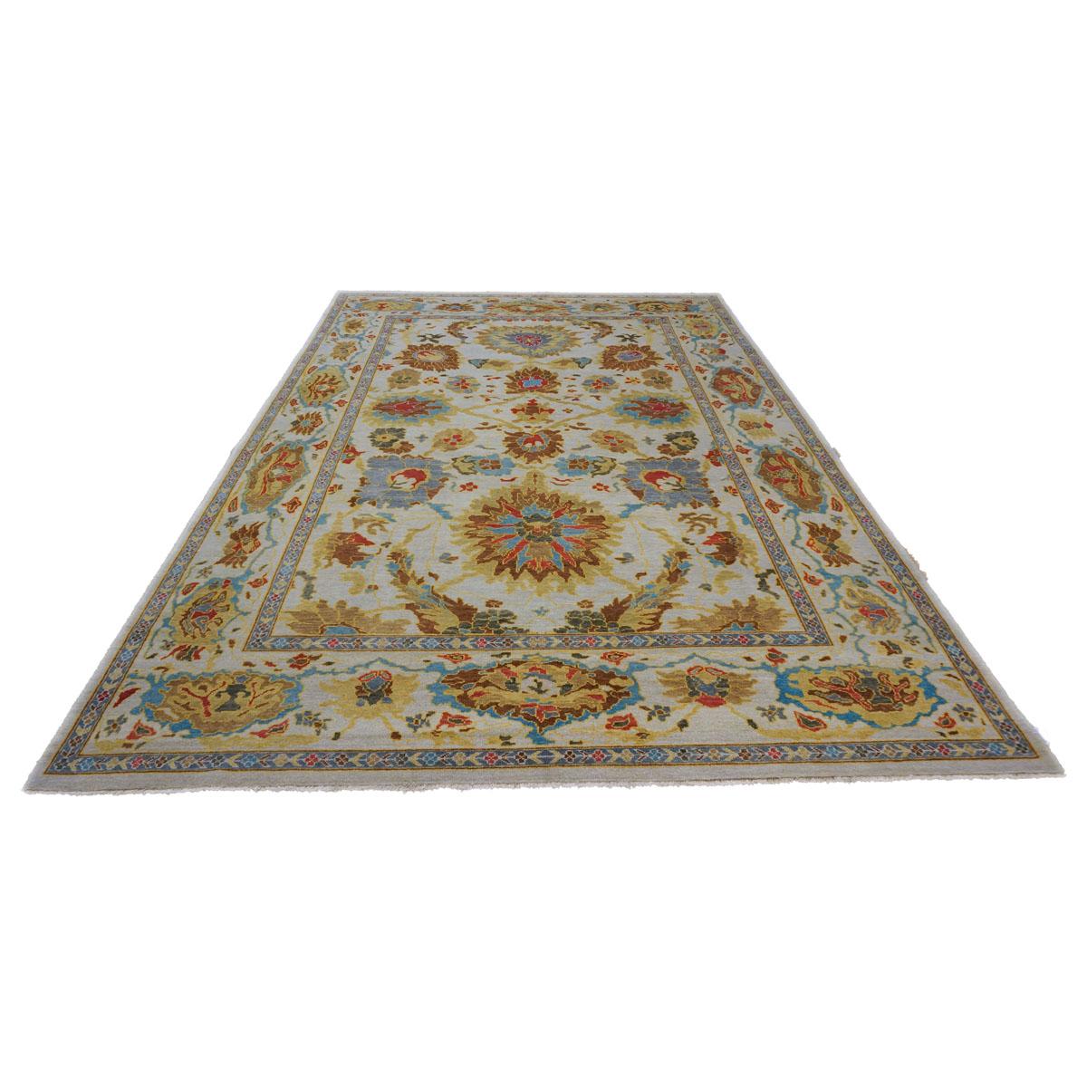 Afghanische Sultanabad Wolle 9X12 Elfenbein, Hellblau, Braun & Gelb Handgefertigt Bereich Teppich im Zustand „Hervorragend“ im Angebot in Houston, TX