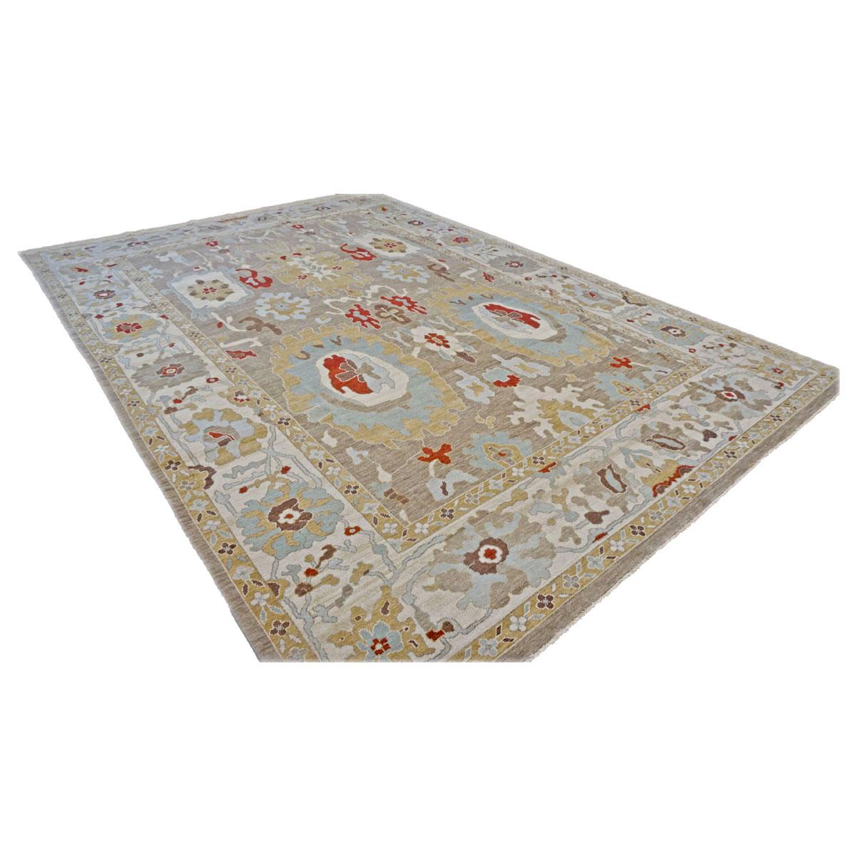 Alfombra de lana afgana Sultanabad Master 10x14 Tan, azul claro y marfil hecha a mano Tejido a mano en venta