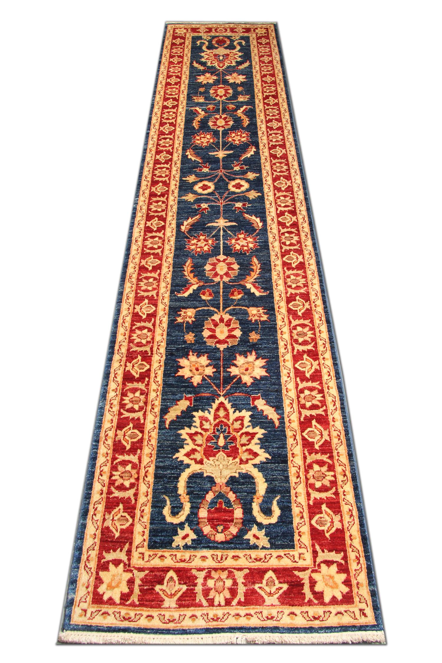 This modern Ziegler runner rug features a traditional Saltanabad design. Woven on looms in Afghanistan by master weavers. Constructed with the finest hand-spun wool, which has been dyed using traditional organic vegetable dying techniques.
The