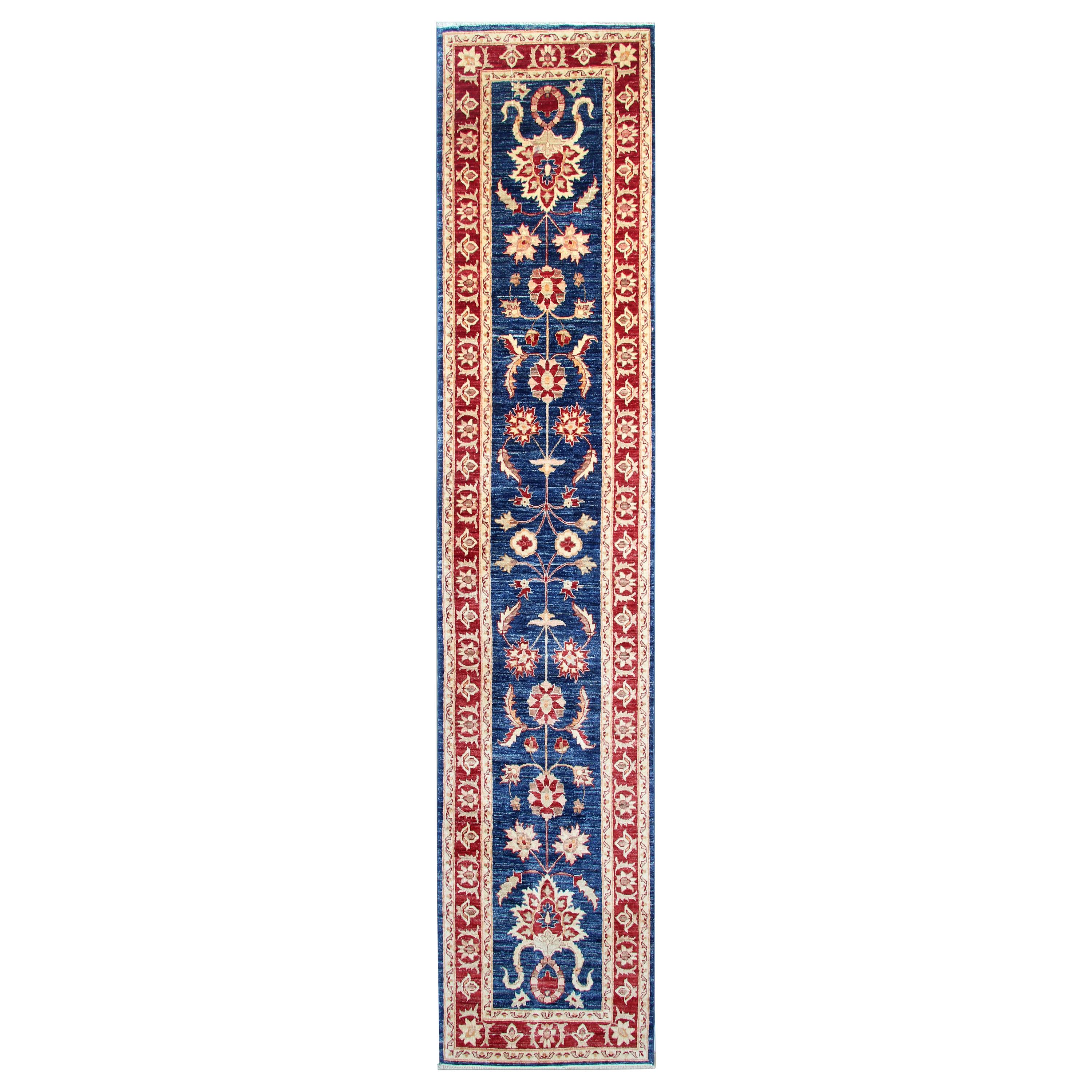 Blue Traditional Runner Rug, Navy Blue Wool Rug Oriental Carpet Rug  For Sale