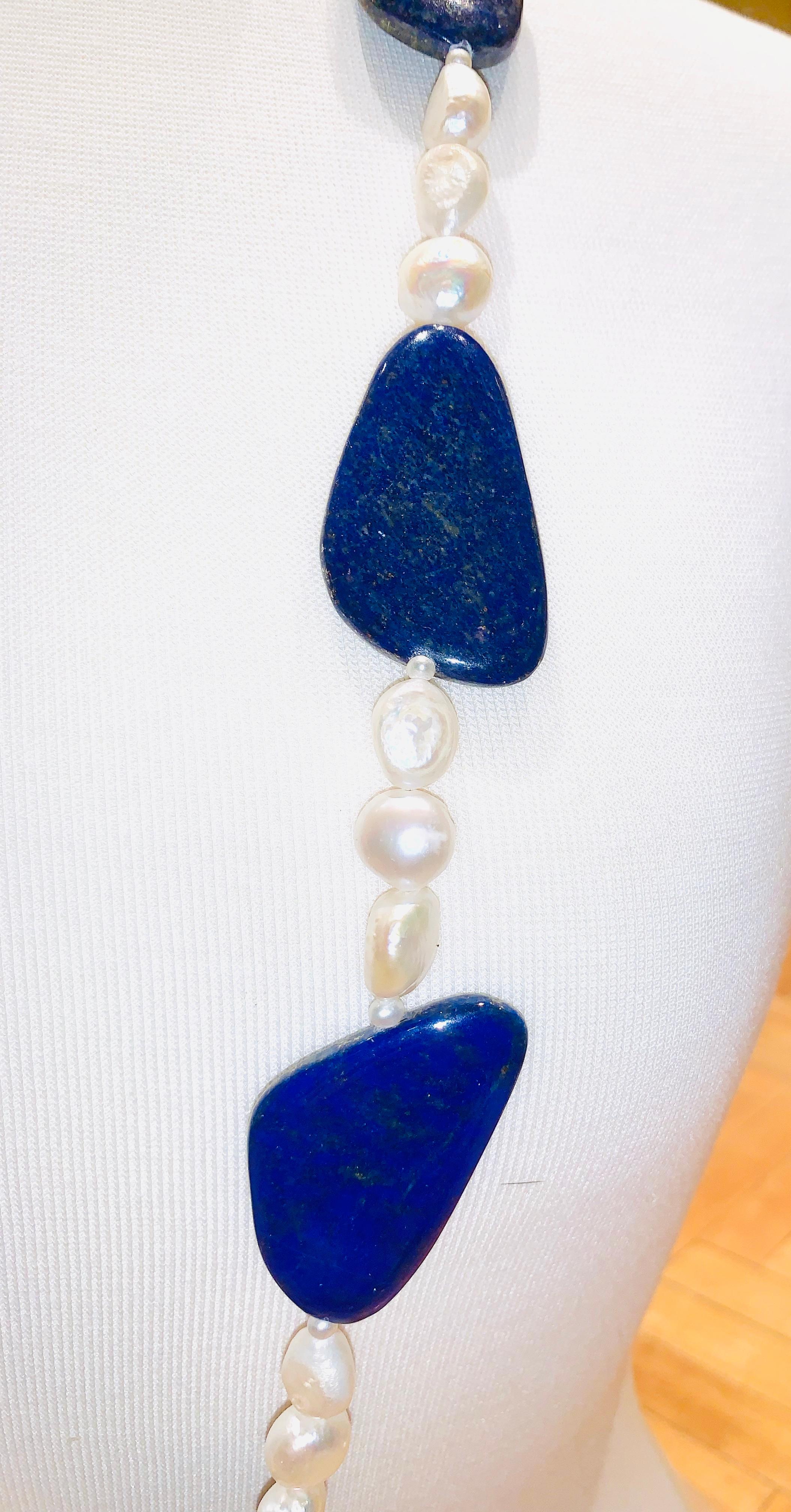 Contemporary Afghani Lapis and Pearl Necklace For Sale