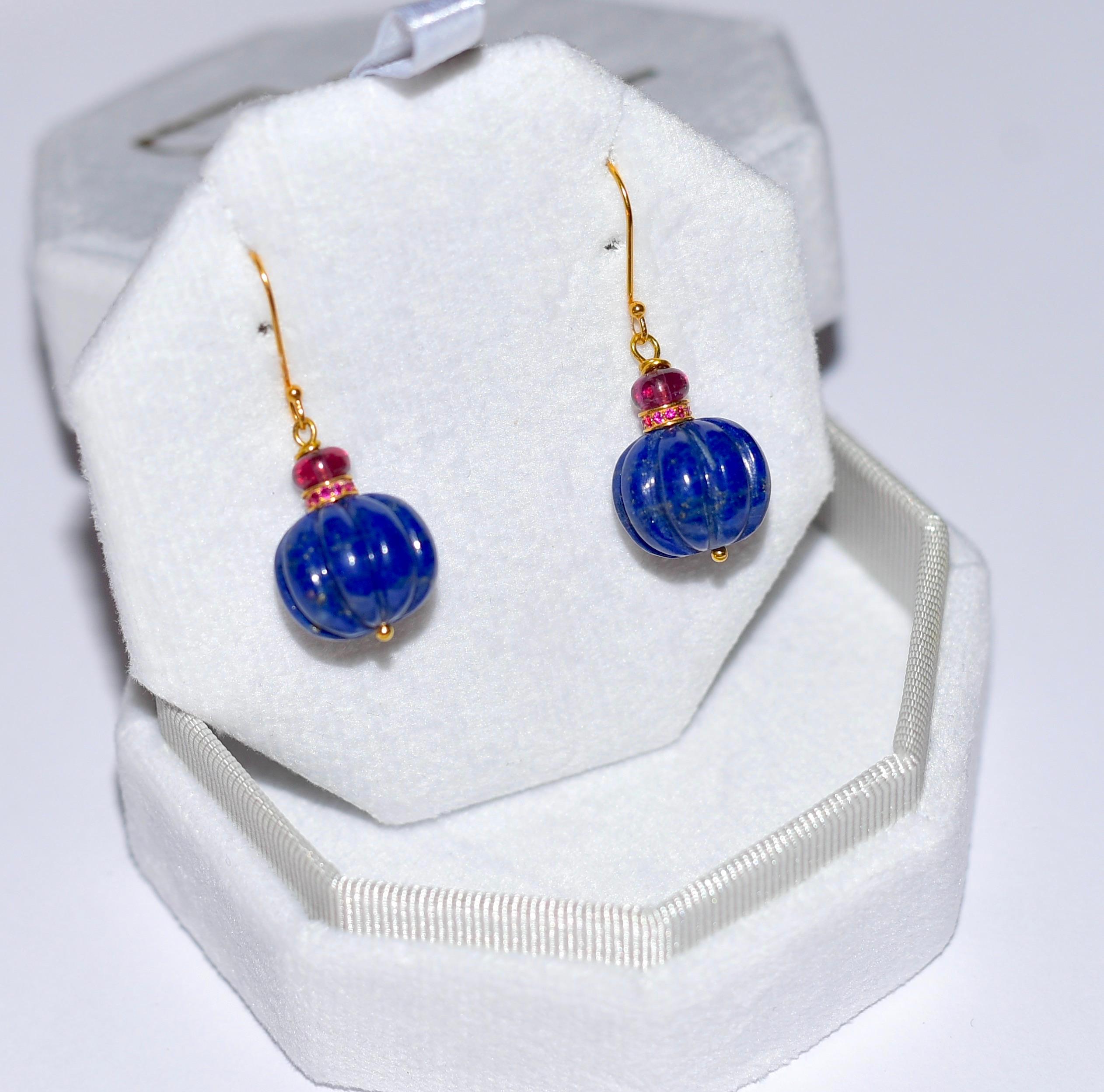 These precious earrings were created from Afghani Lapis Lazuli (14mm)  and look at the fun part because they look like melons! The earring strikes a special shine with genuine 18K Solid yellow Gold eternity beads and 4mm Ruby beads.
Beautiful piece