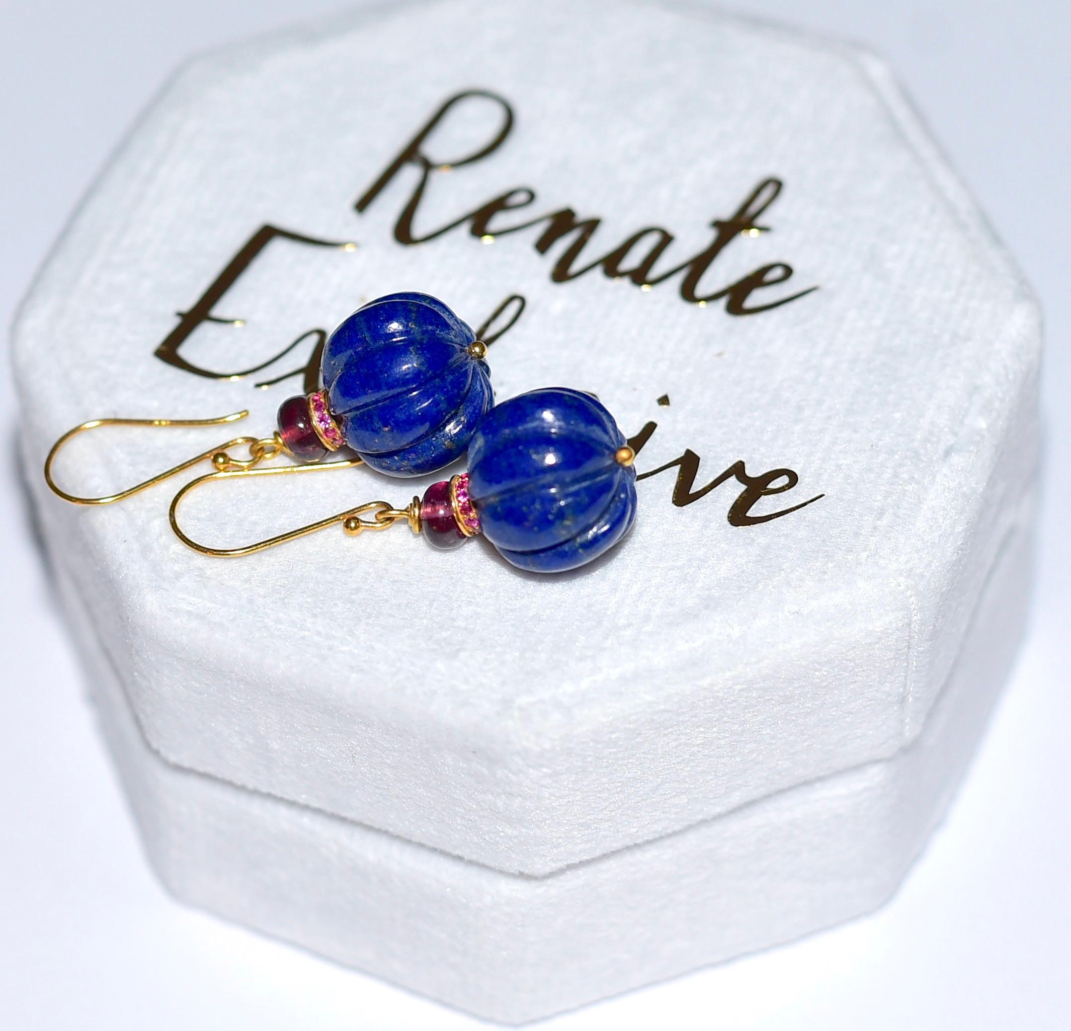Modern Afghani Lapis Lazuli and Ruby Earrings in 18K Solid yellow Gold