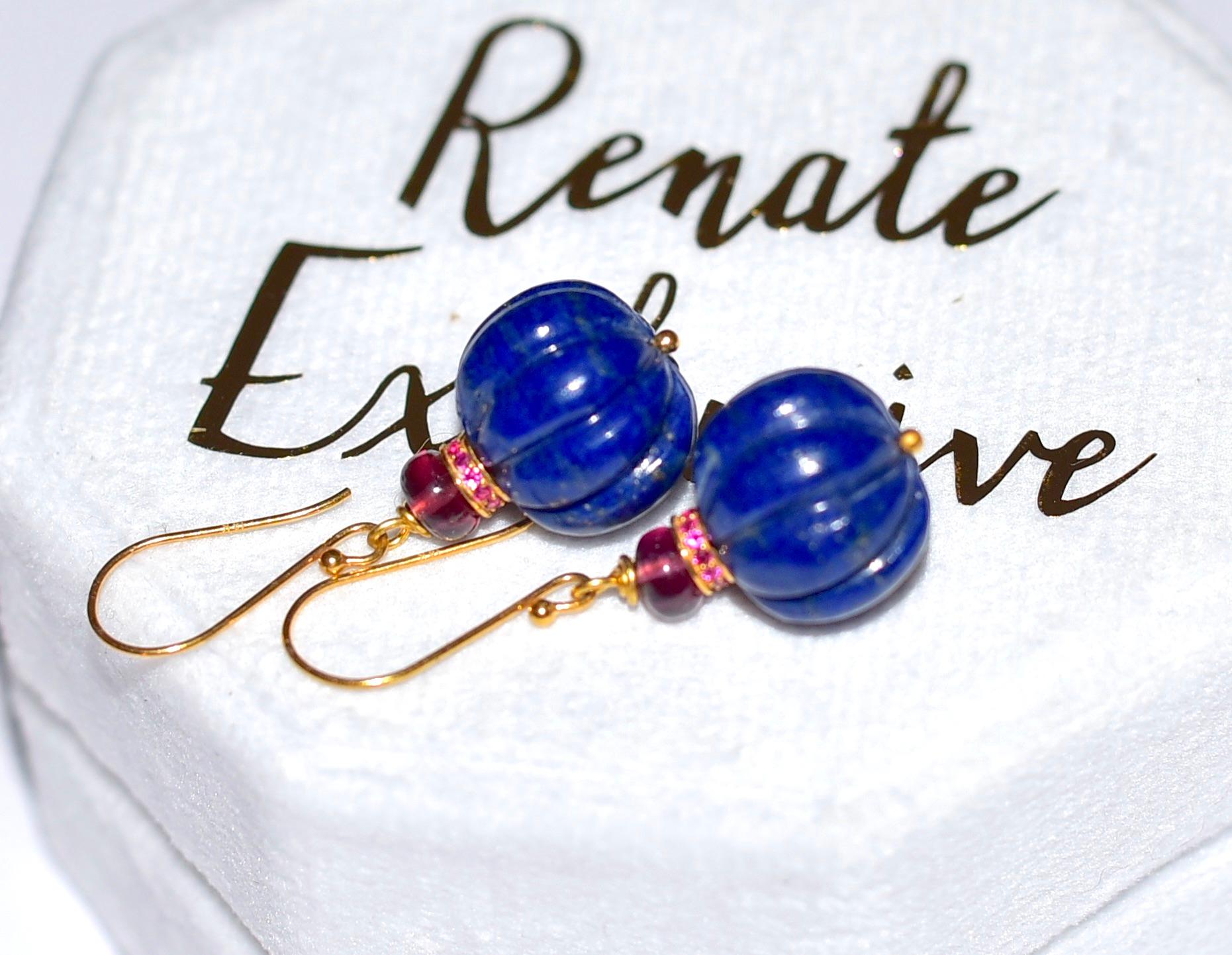 Bead Afghani Lapis Lazuli and Ruby Earrings in 18K Solid yellow Gold